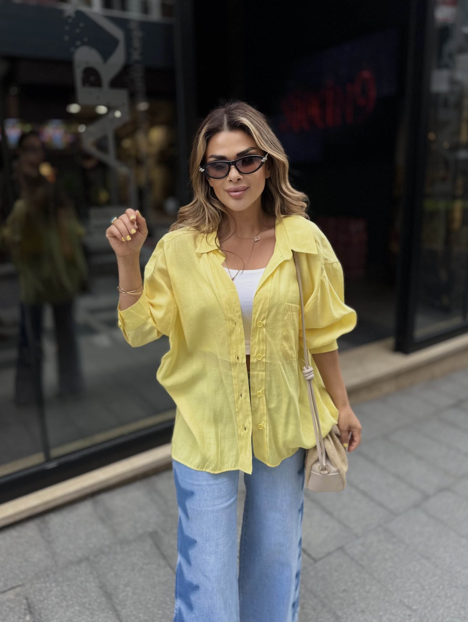 Eswomes Düşük Omuz Oversize Gömlek Sarı