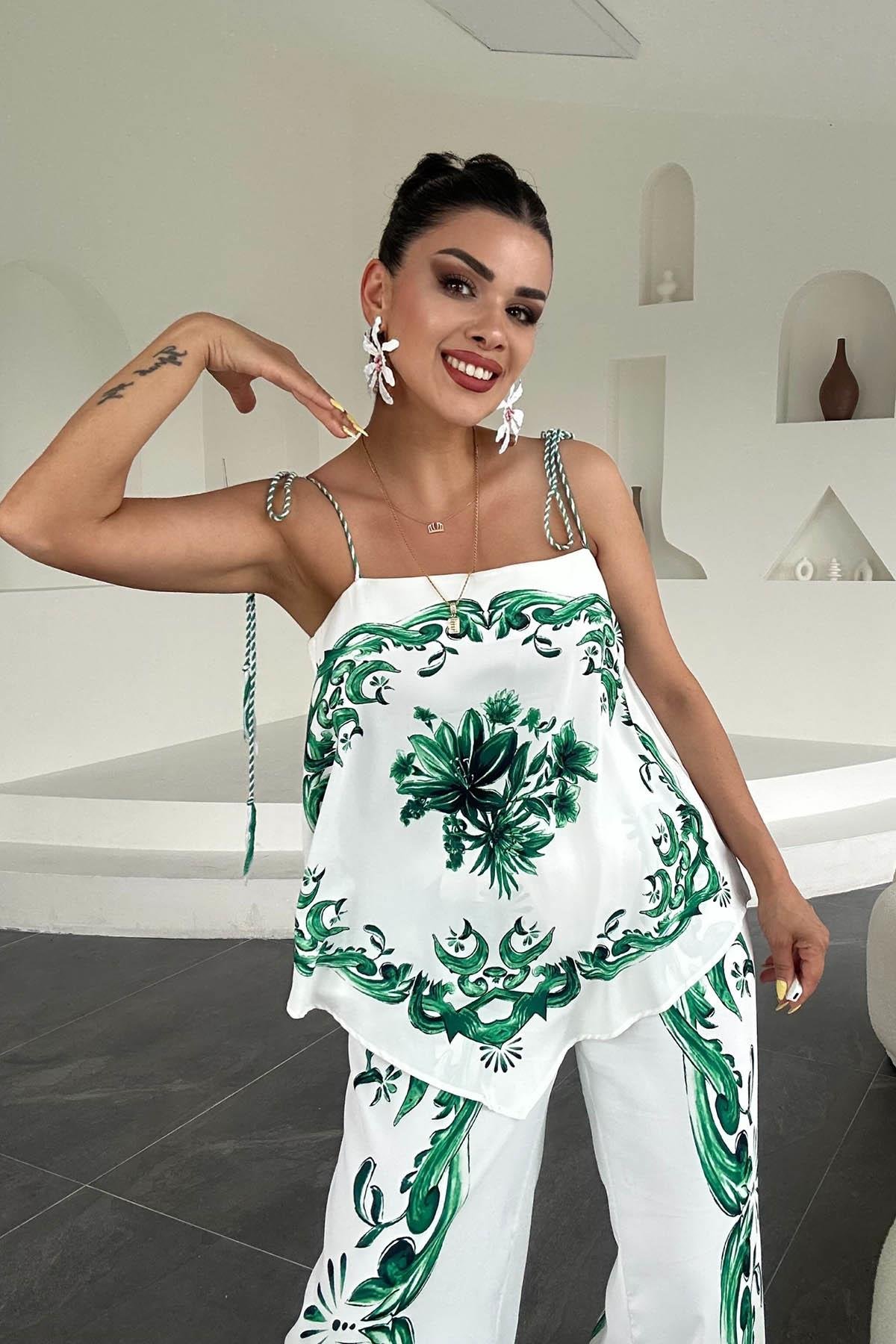 Eswomes Eşarp Baskılı Bluz Pantolon Takım Yeşil