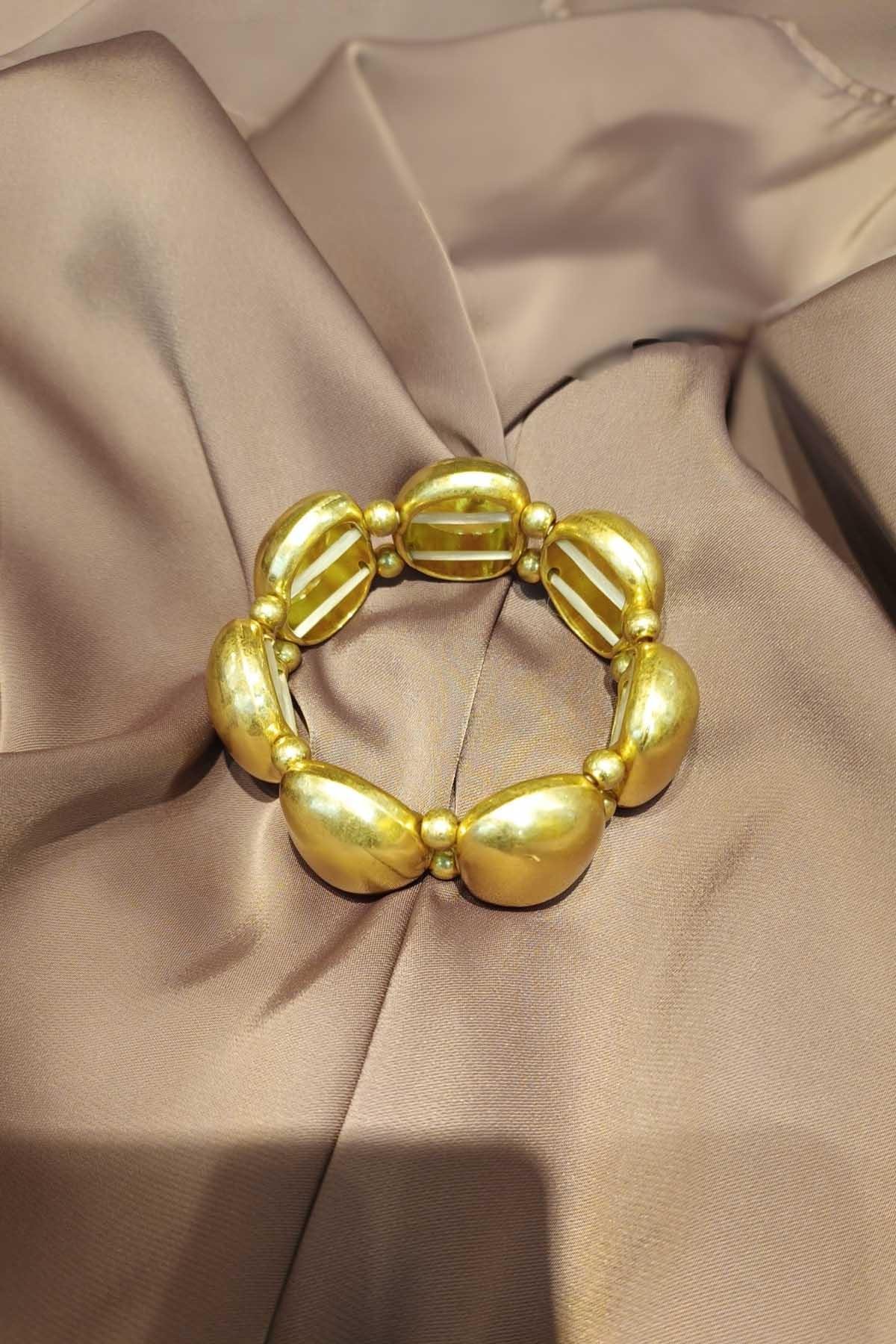 Eswomes Eskitme Oval Plaka Lastikli Bileklik Gold