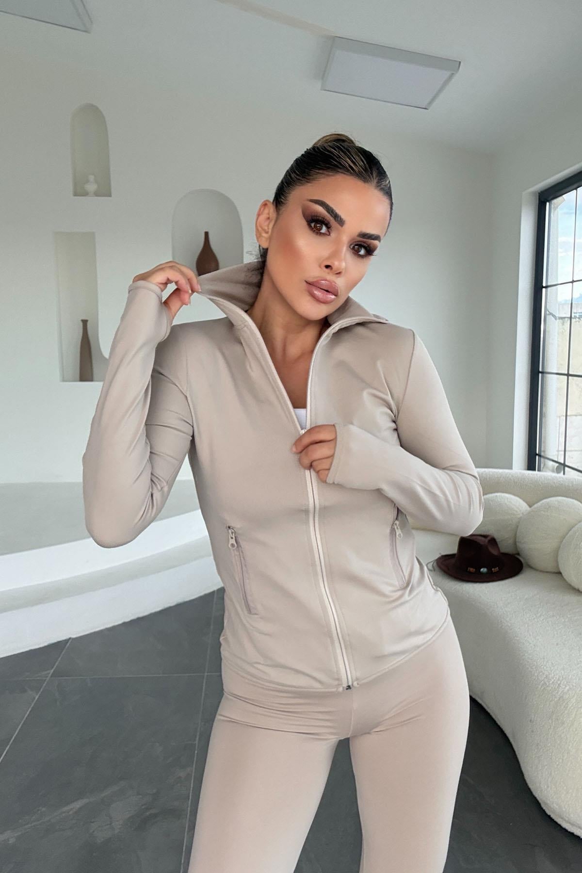 Eswomes Fermuarlı Sweatshirt Tayt Takım TAŞ