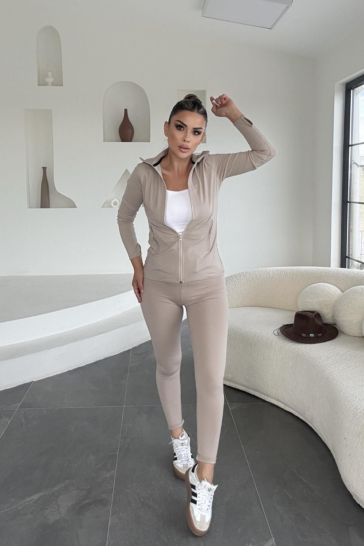 Eswomes Fermuarlı Sweatshirt Tayt Takım TAŞ