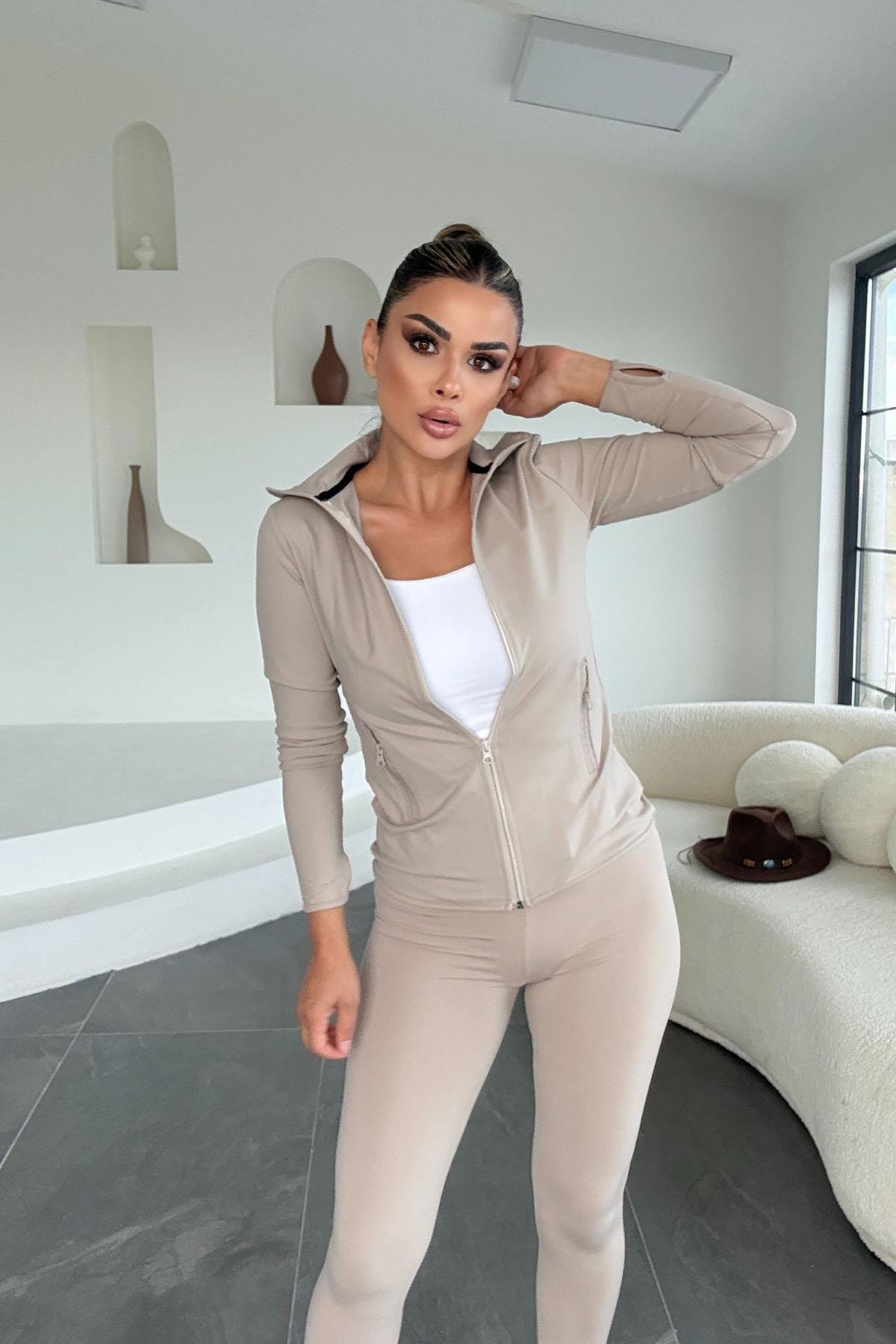 Eswomes Fermuarlı Sweatshirt Tayt Takım TAŞ
