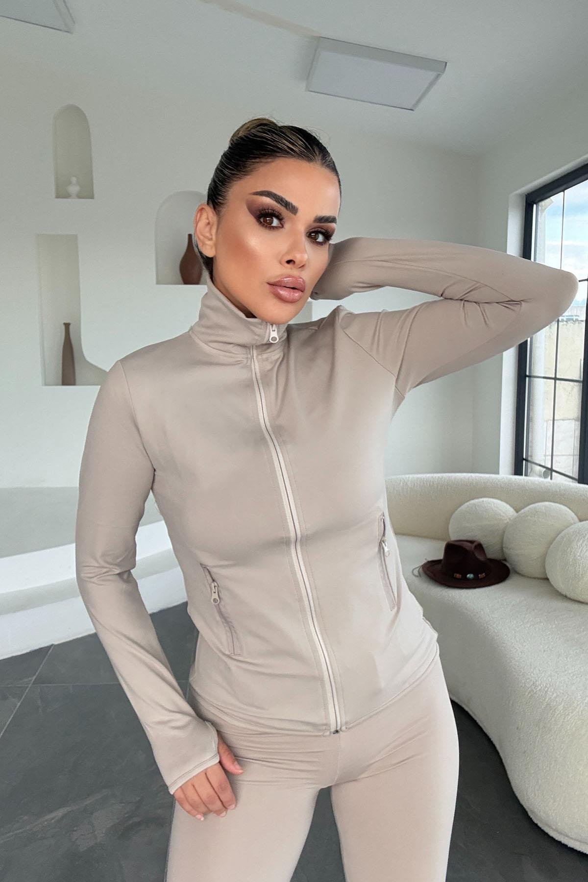 Eswomes Fermuarlı Sweatshirt Tayt Takım TAŞ
