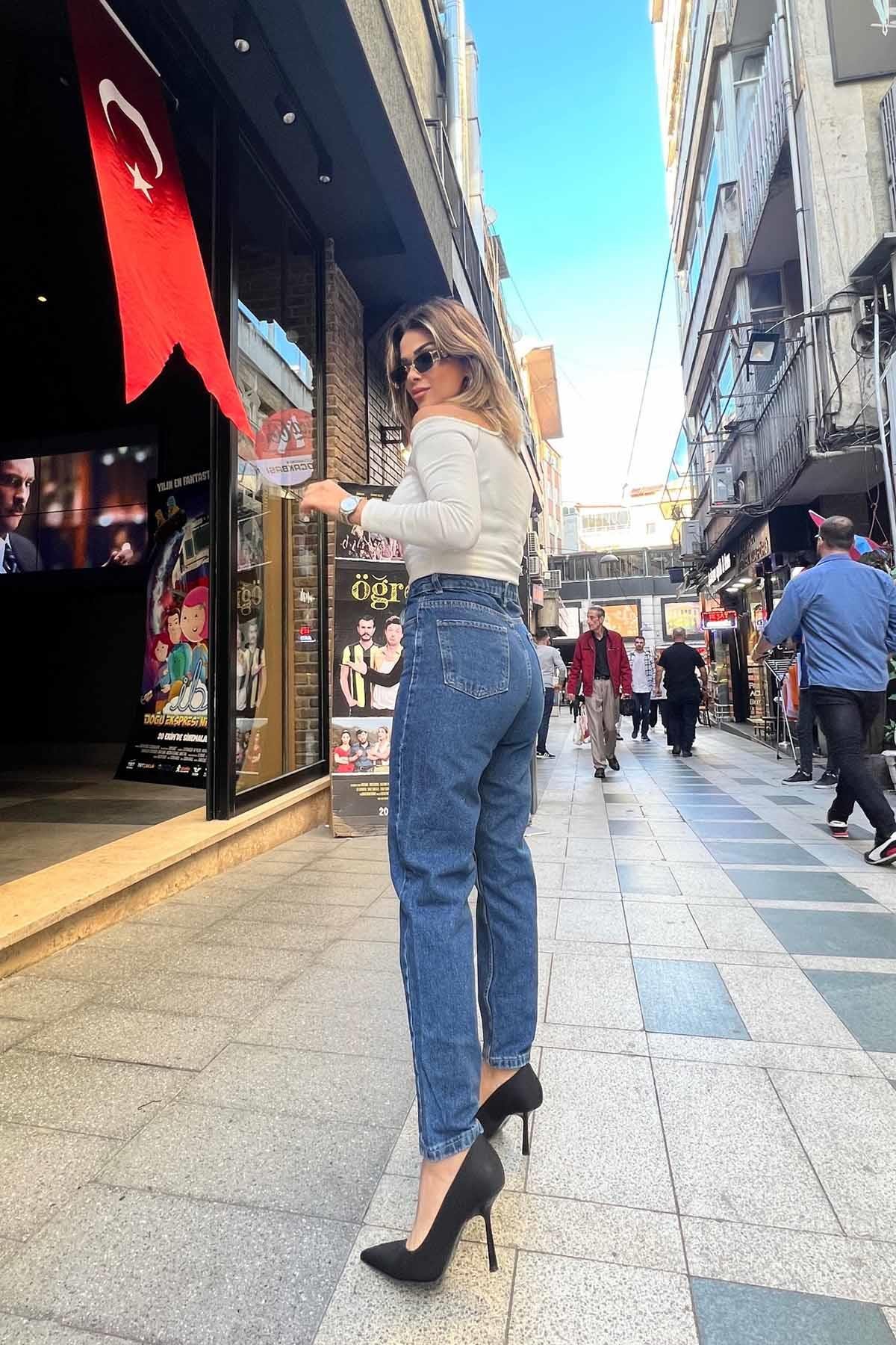 Eswomes Fit Kalıp Mom Jean Koyu Mavi