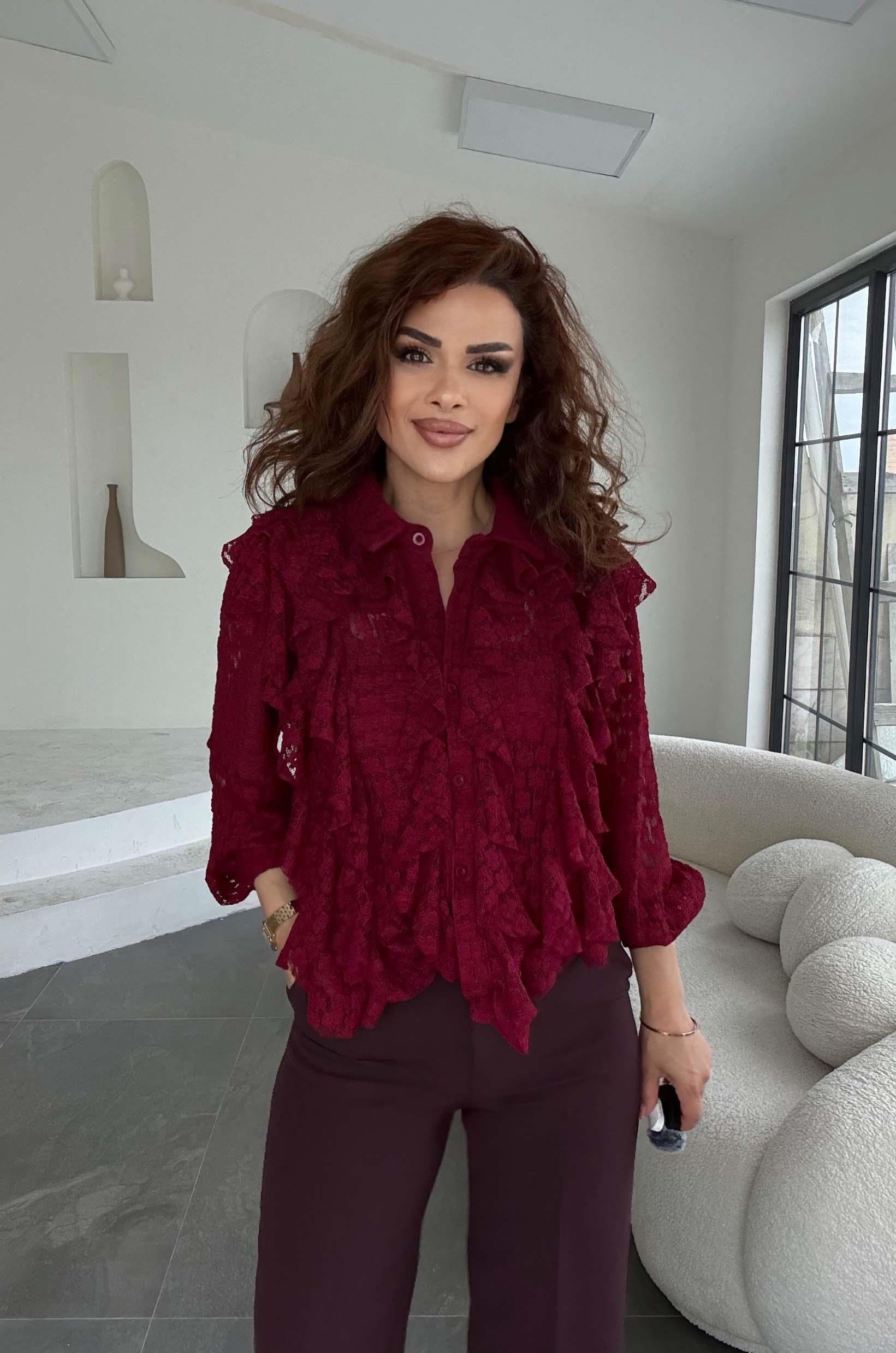 Eswomes Ful Dantel Fırfırlı Lüks Gömlek Bordo