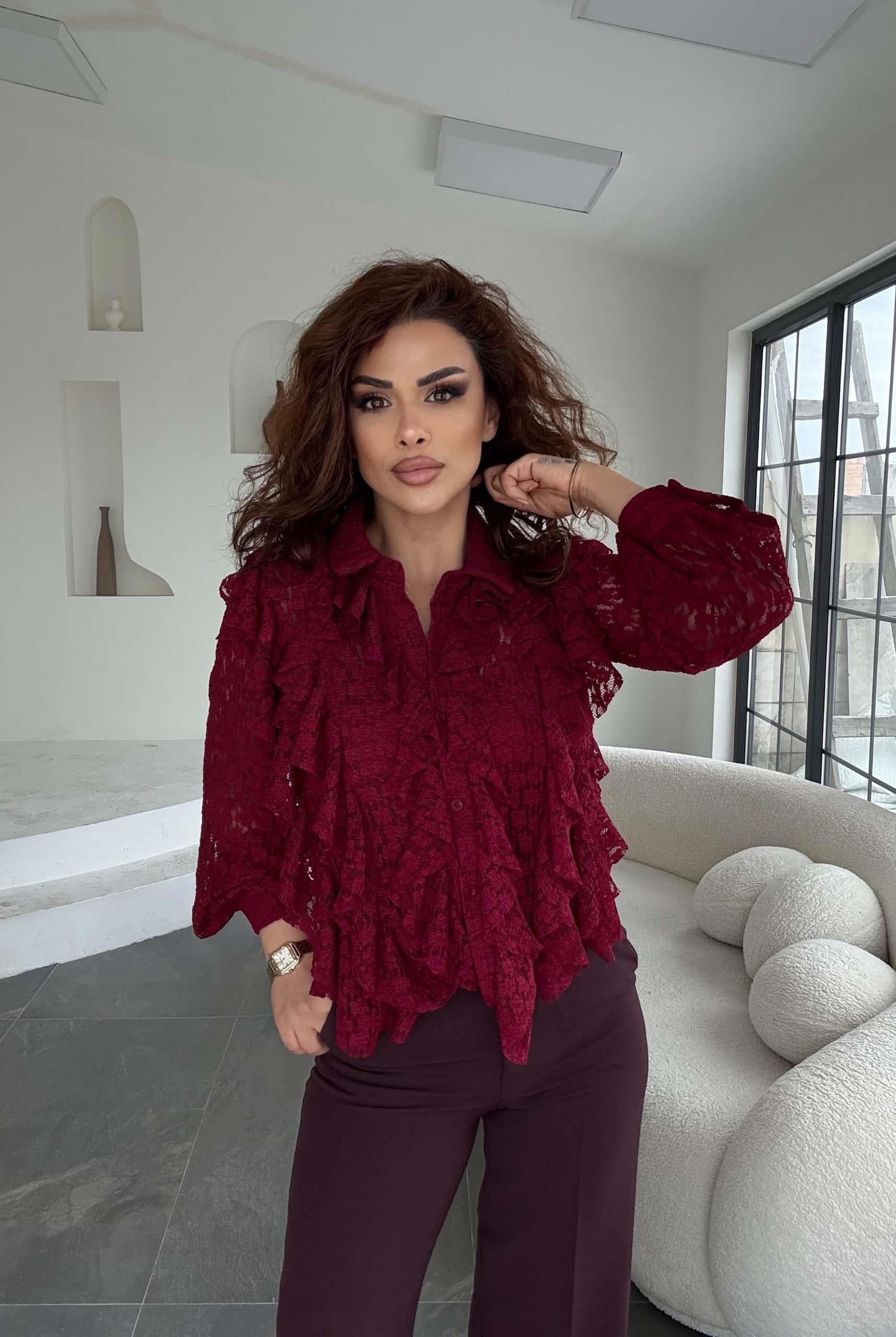 Eswomes Ful Dantel Fırfırlı Lüks Gömlek Bordo