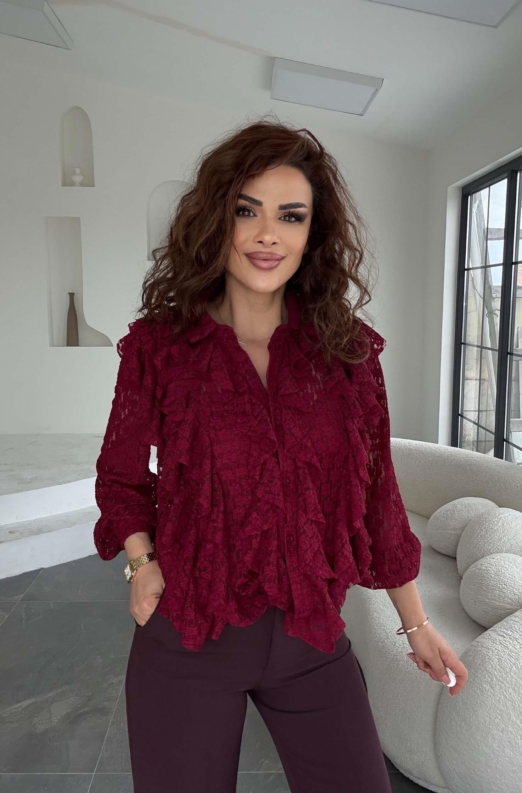 Eswomes Ful Dantel Fırfırlı Lüks Gömlek Bordo