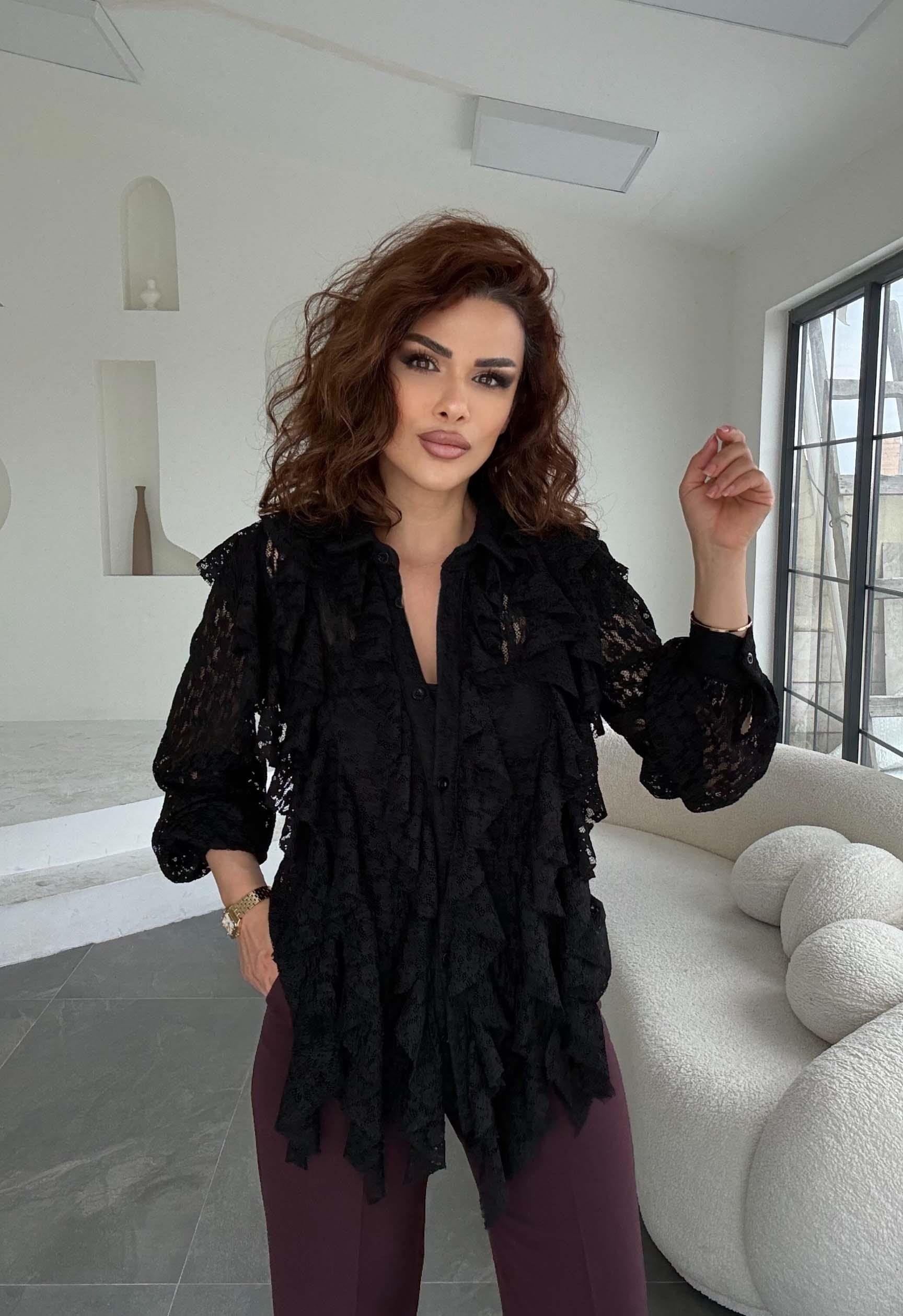 Eswomes Ful Dantel Fırfırlı Lüks Gömlek Siyah