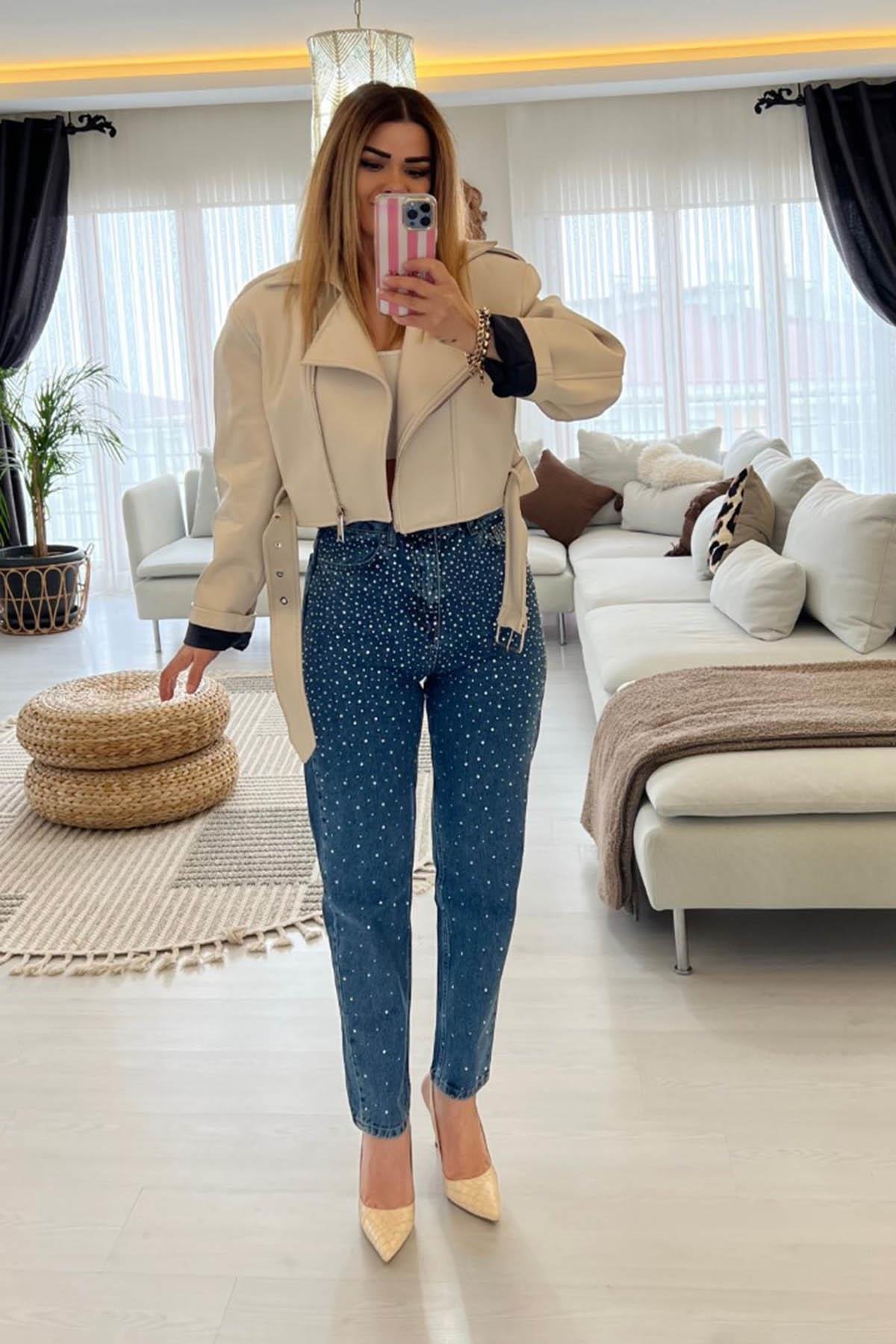 Eswomes Ful Taşlı Mom Jean Mavi