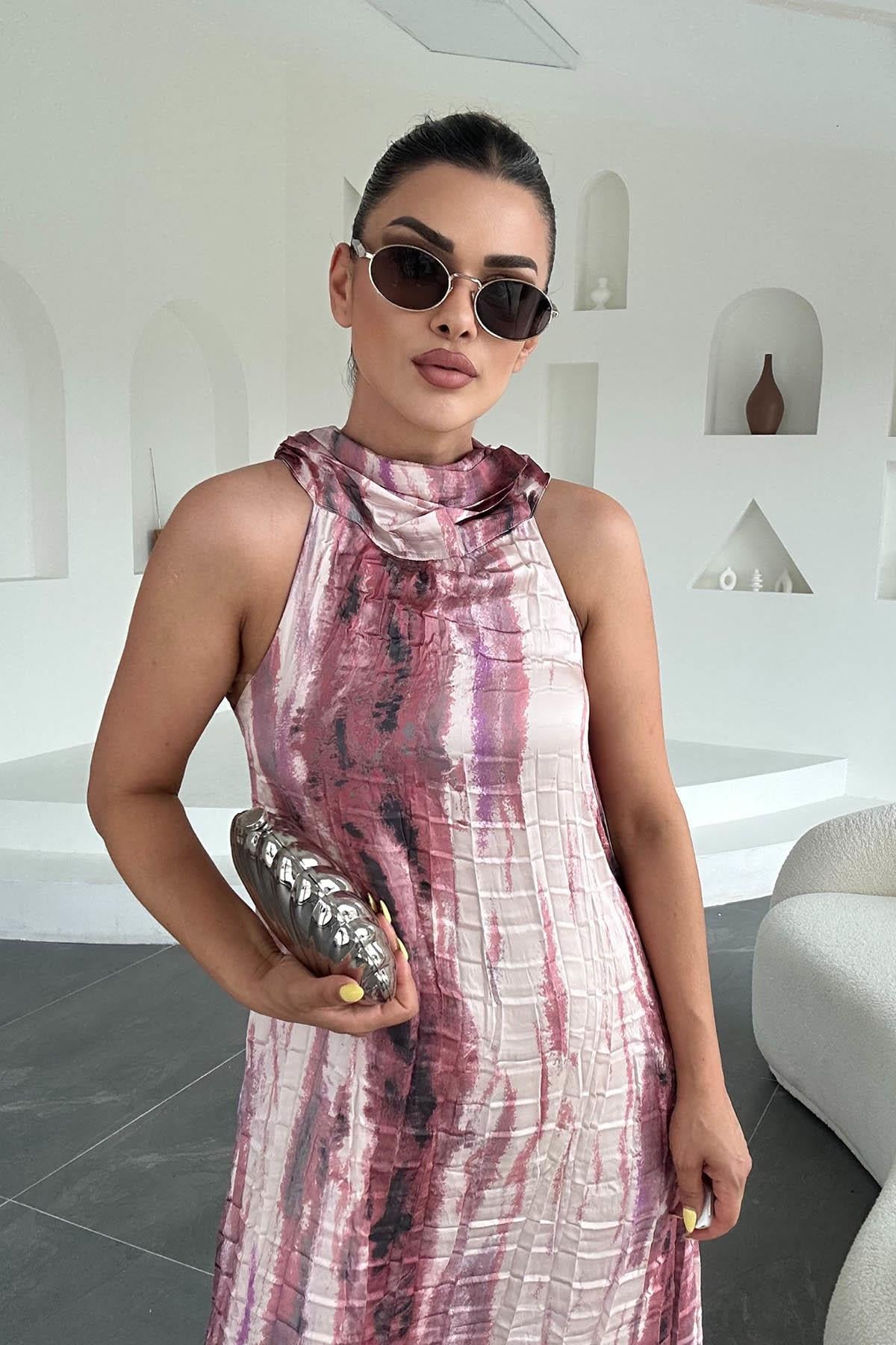 Eswomes Halter Yaka Kraşlı Uzun Elbise Pembe