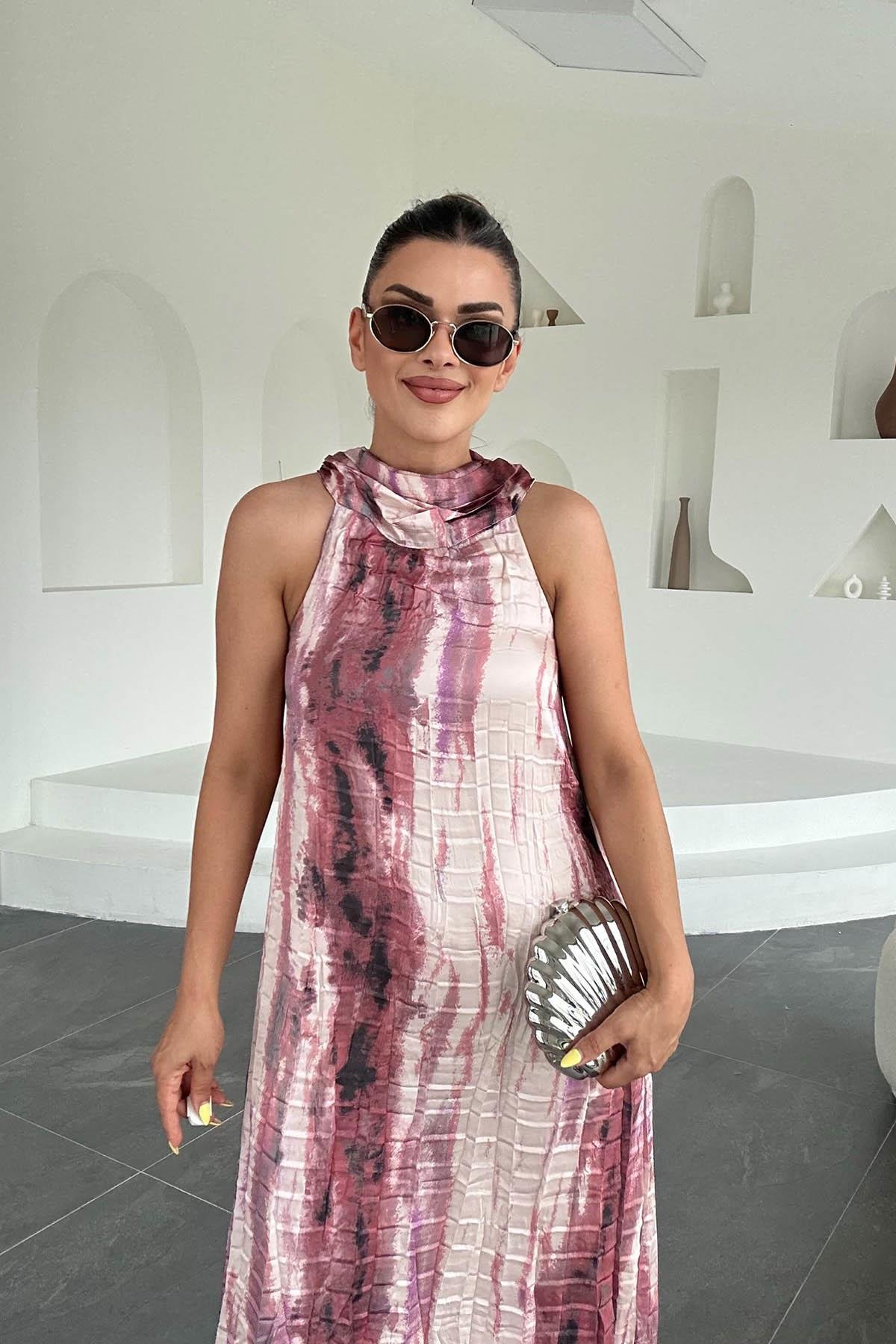 Eswomes Halter Yaka Kraşlı Uzun Elbise Pembe