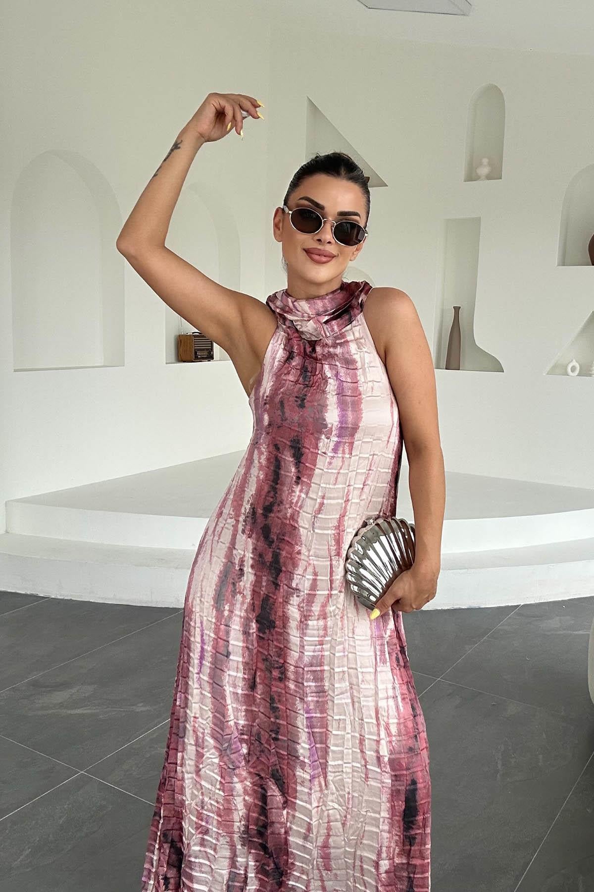 Eswomes Halter Yaka Kraşlı Uzun Elbise Pembe