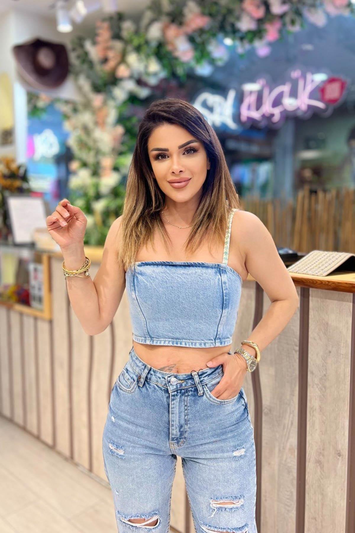 Eswomes İp Askılı Kot Croptop Buz Mavi