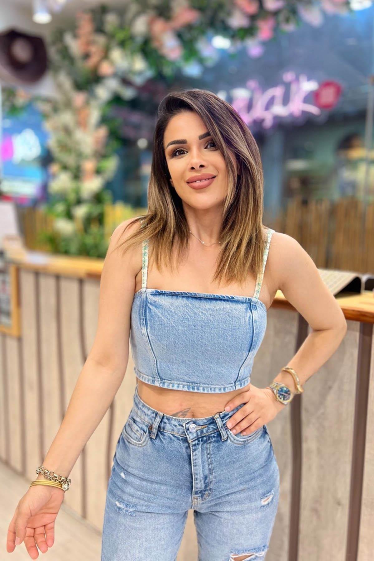 Eswomes İp Askılı Kot Croptop Buz Mavi