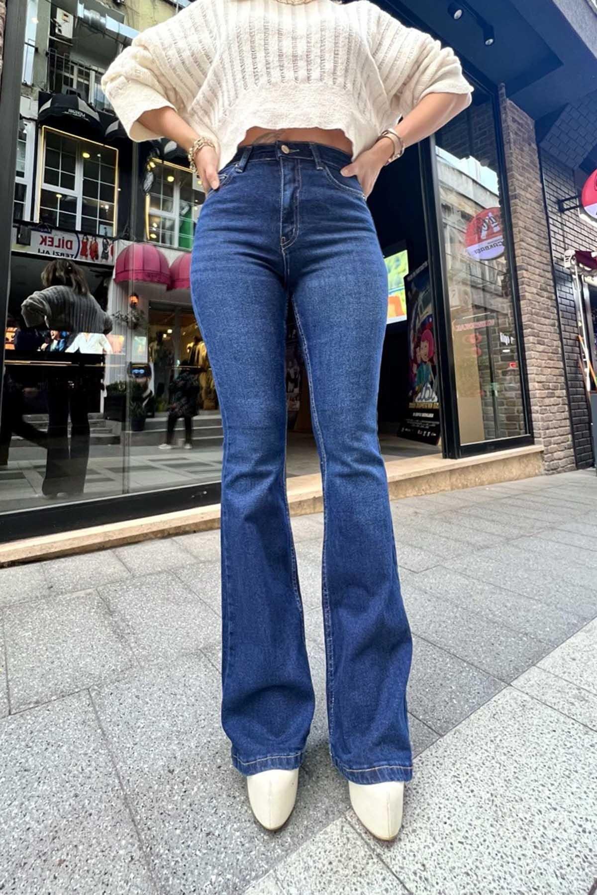 Eswomes İspanyol Paça Jean Pantolon Lacivert
