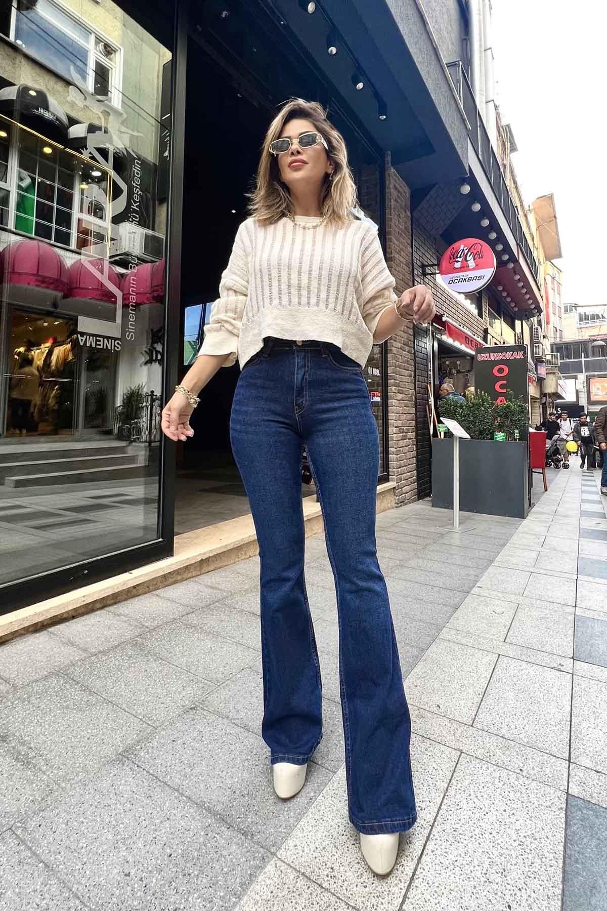 Eswomes İspanyol Paça Jean Pantolon Lacivert
