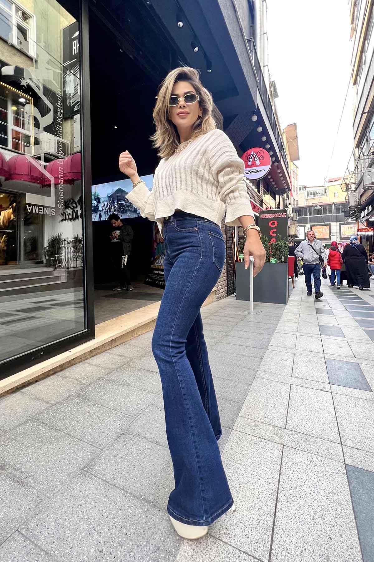 Eswomes İspanyol Paça Jean Pantolon Lacivert