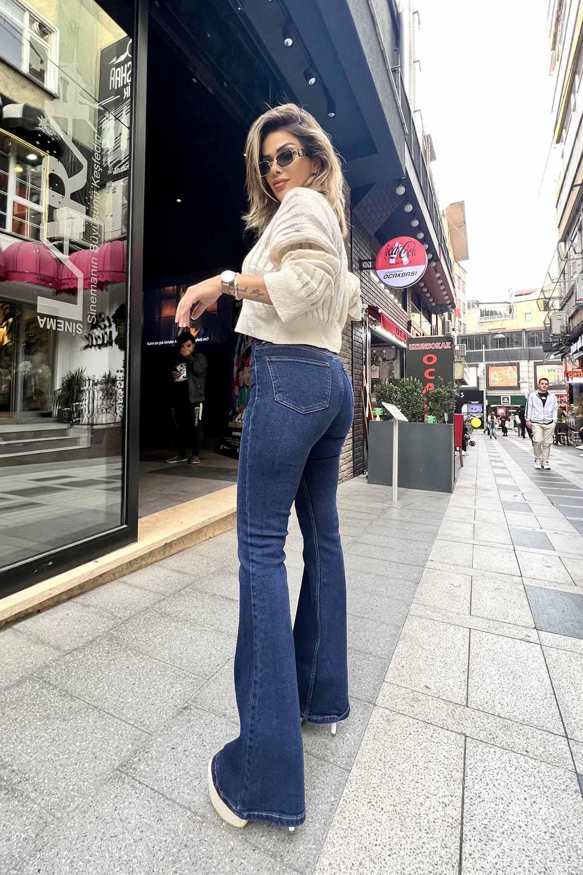 Eswomes İspanyol Paça Jean Pantolon Lacivert