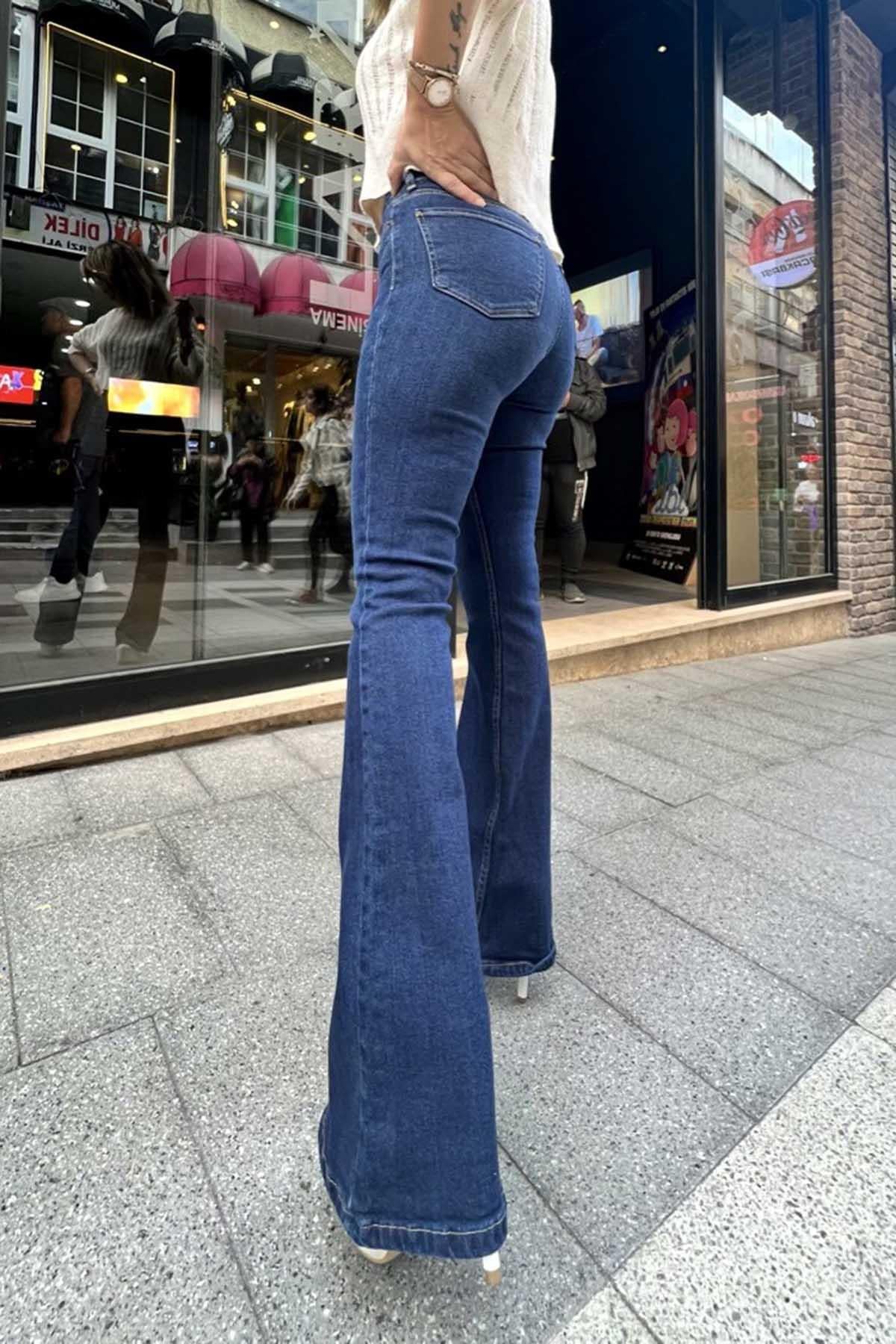 Eswomes İspanyol Paça Jean Pantolon Lacivert