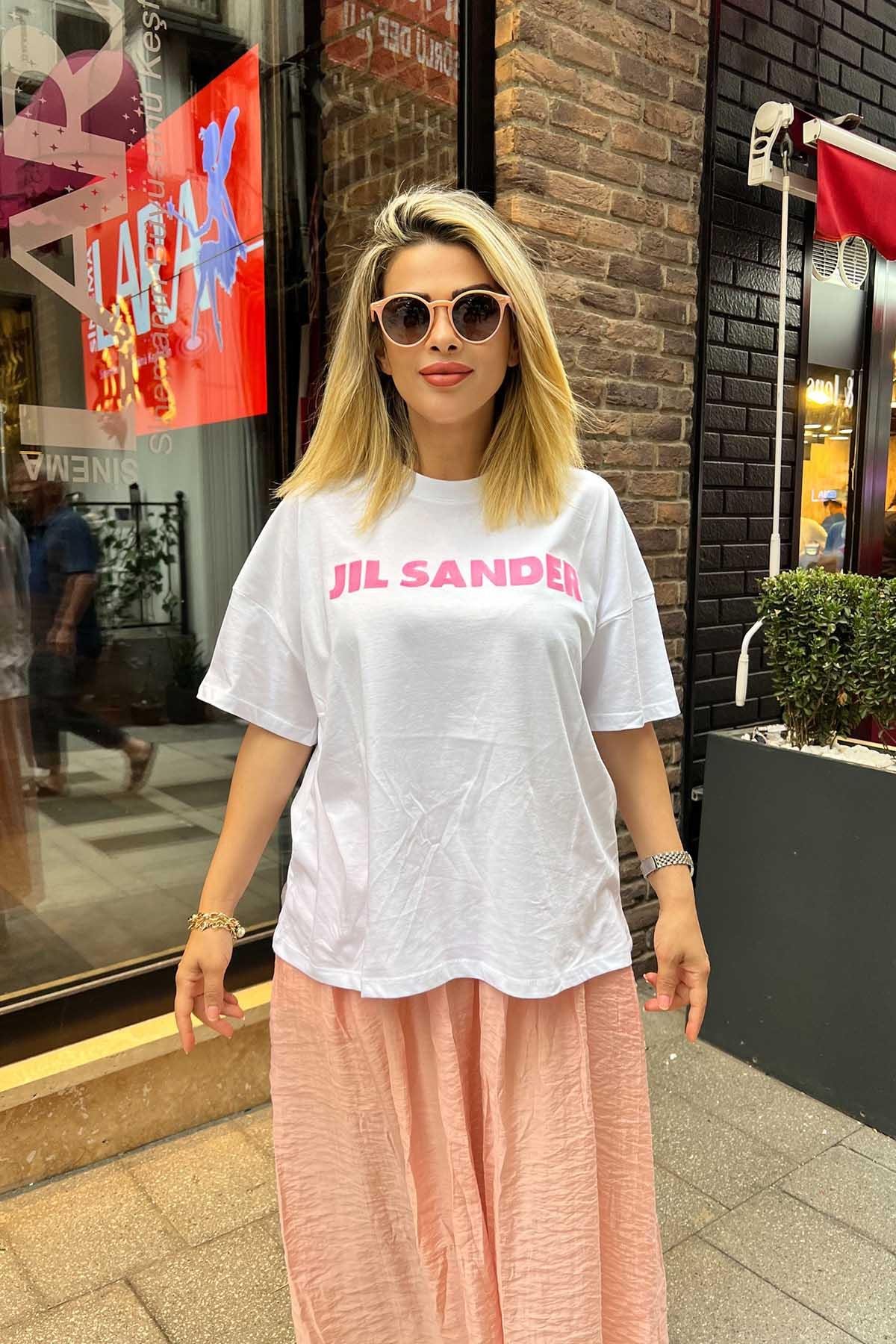 Eswomes Jıl Sander Yazılı Tişört Beyaz
