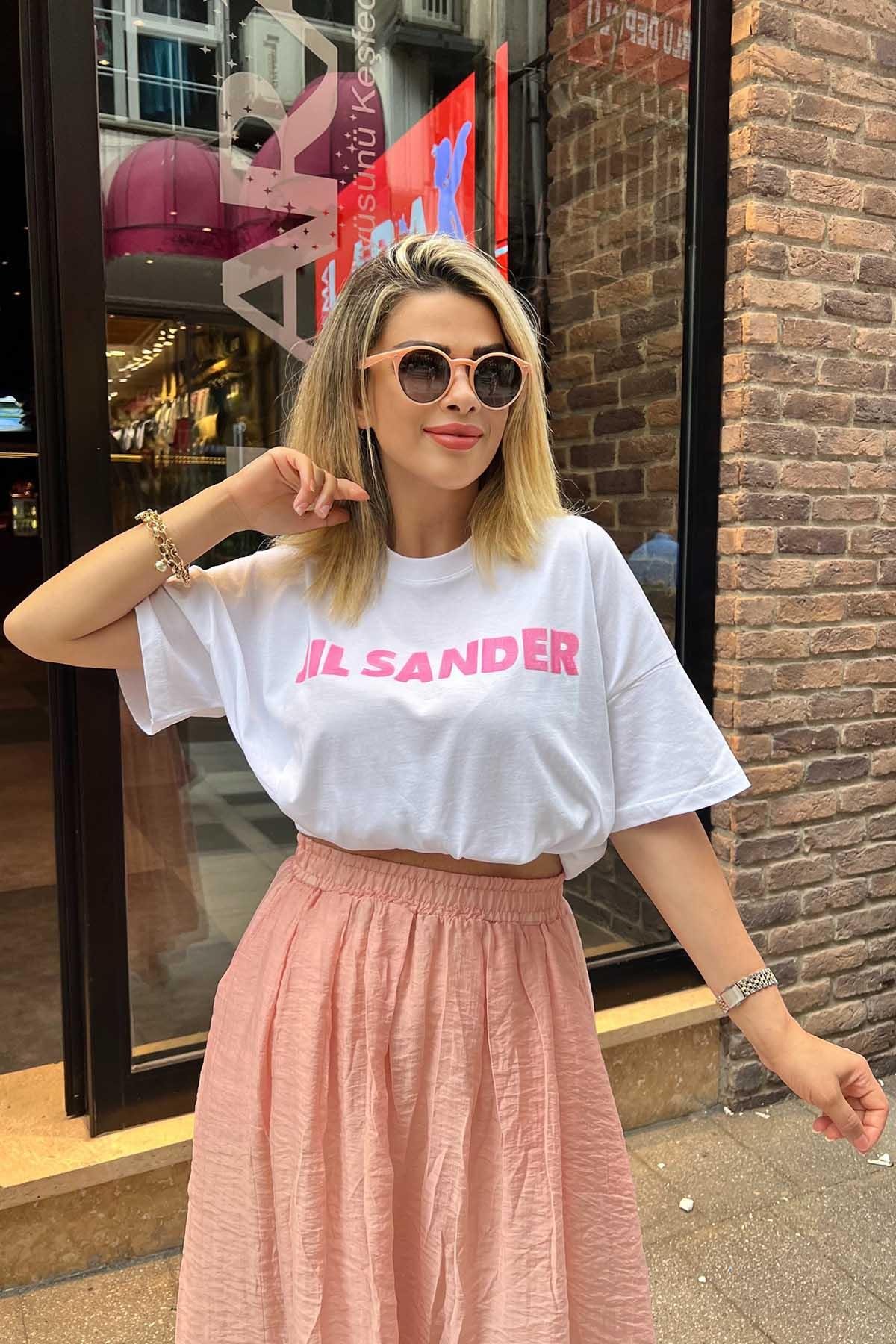 Eswomes Jıl Sander Yazılı Tişört Beyaz