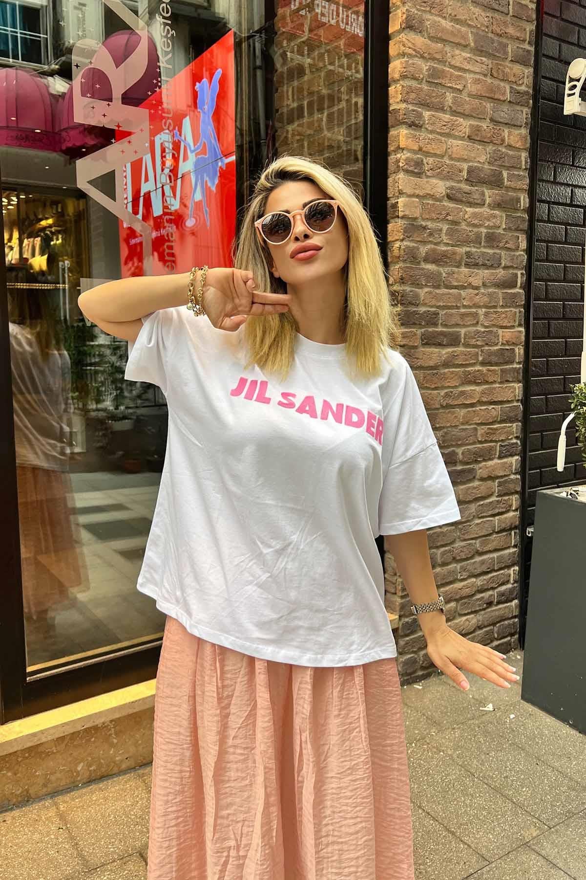 Eswomes Jıl Sander Yazılı Tişört Beyaz