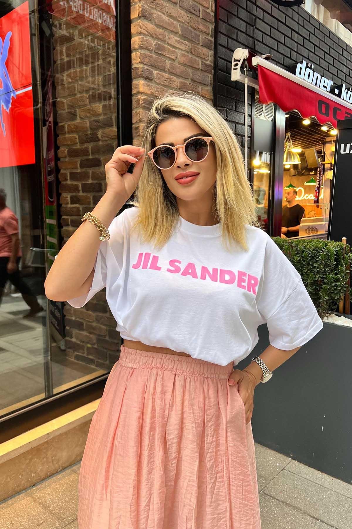 Eswomes Jıl Sander Yazılı Tişört Beyaz