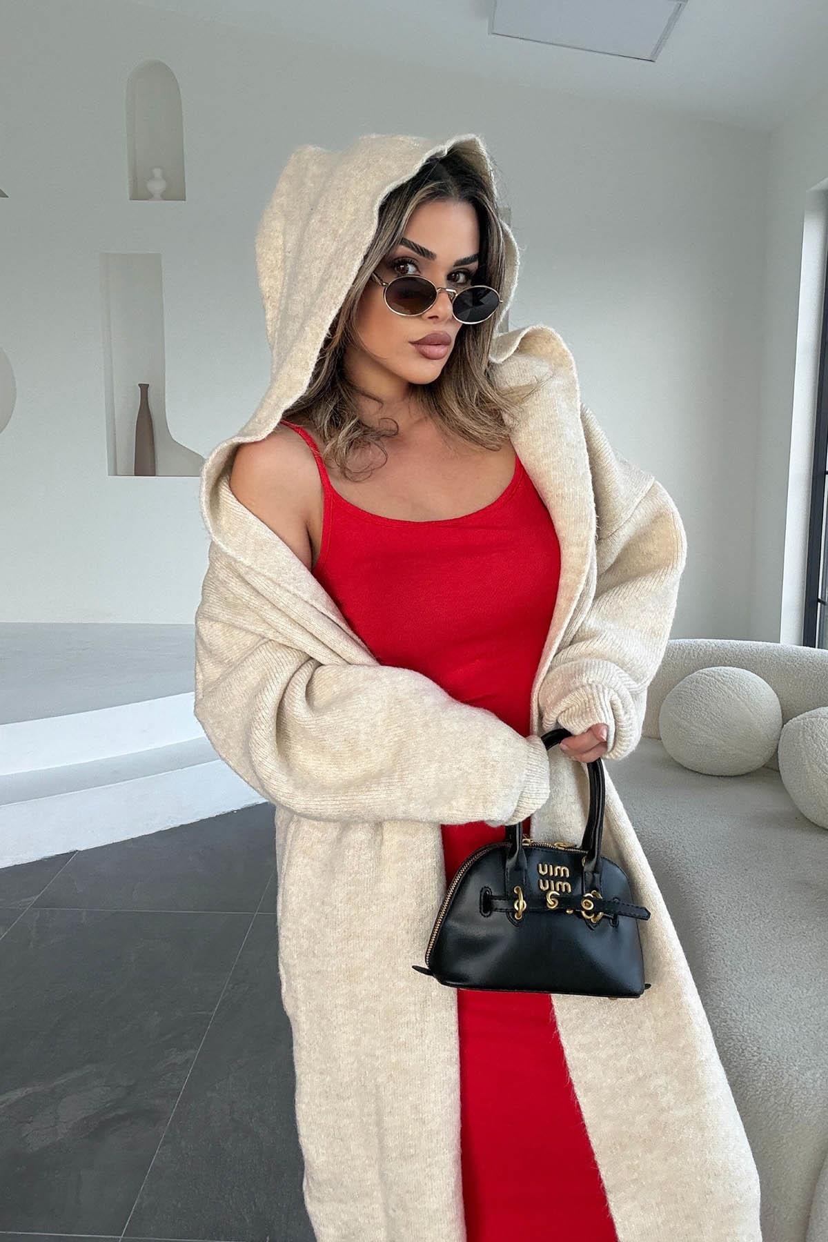 Eswomes Kapüşonlu Oversize Kemerli Uzun Hırka Beyaz