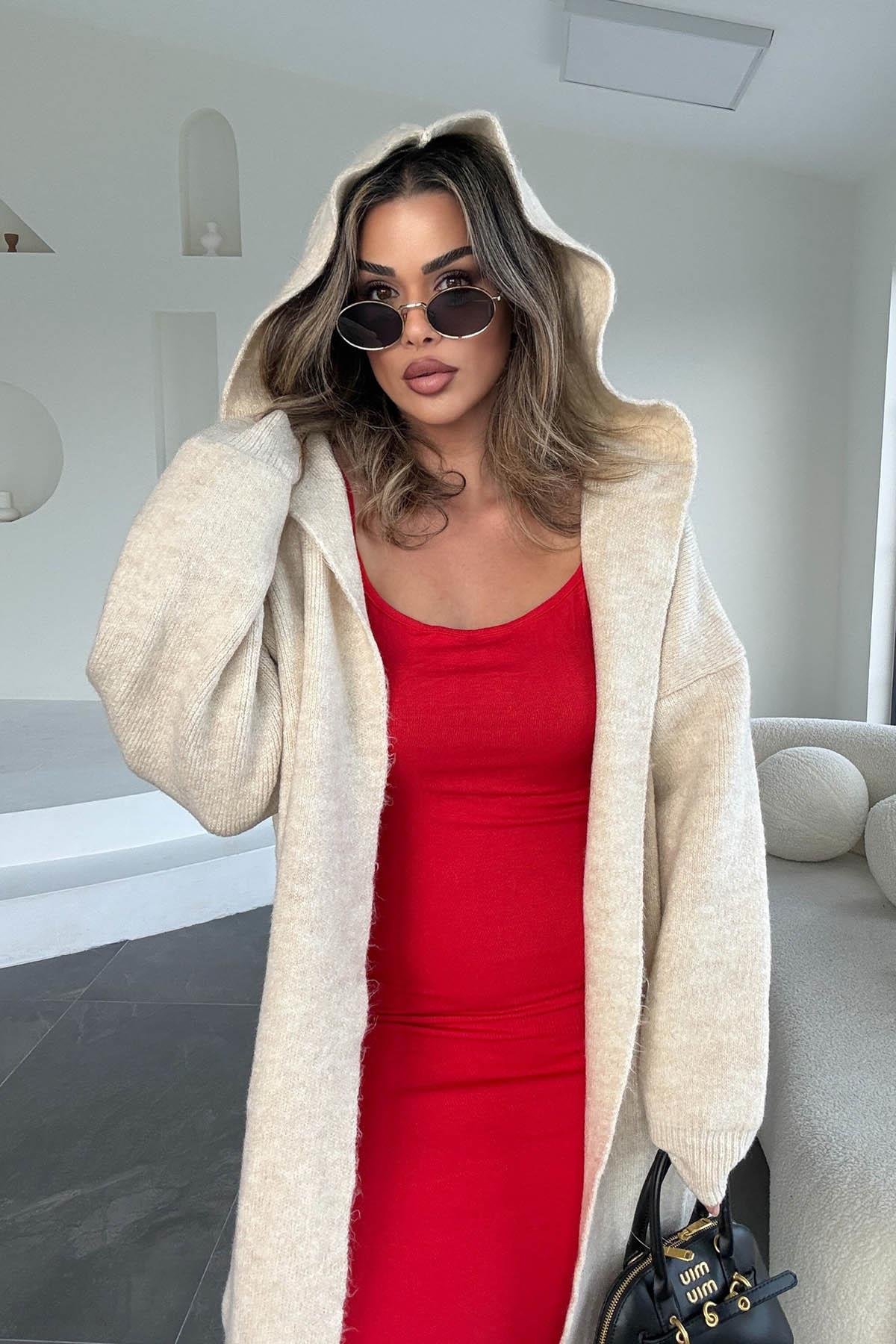 Eswomes Kapüşonlu Oversize Kemerli Uzun Hırka Beyaz