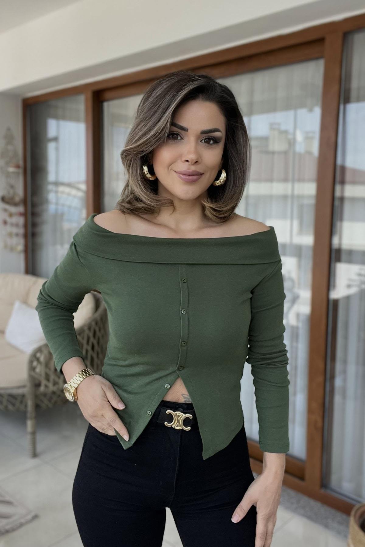 Eswomes Kayık Yaka Önü Düüğmeli Body Haki