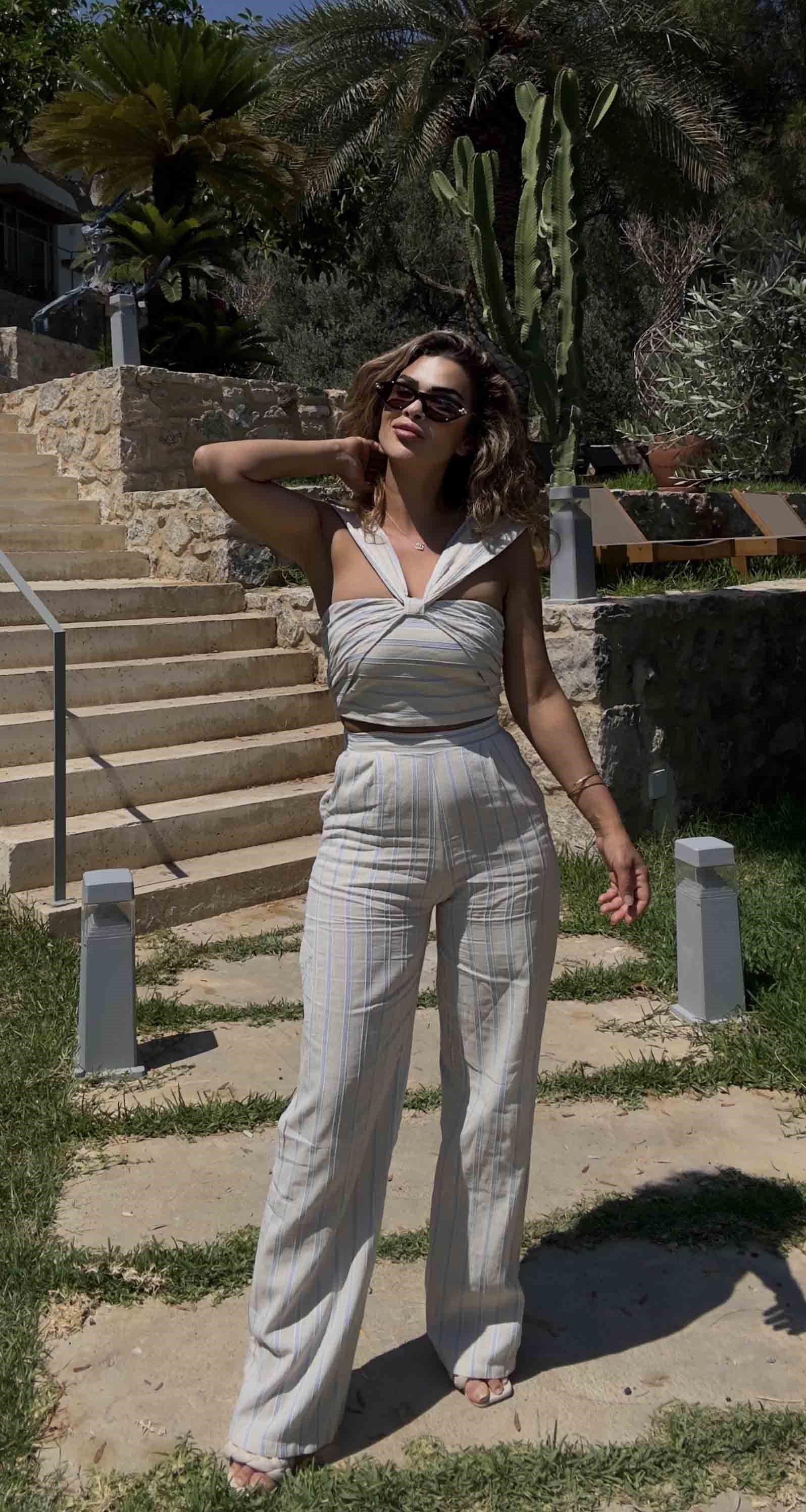 Eswomes Kelebek Model Askılı Keten Çizgili Takım Bej