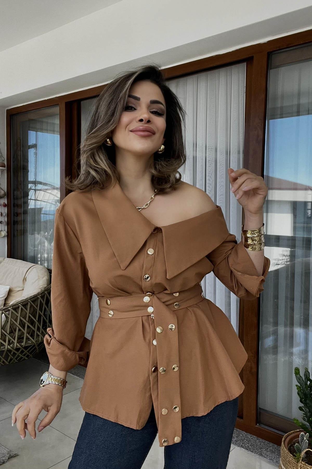 Eswomes Kemerli Düşük Omuz Oversize Gömlek Taba