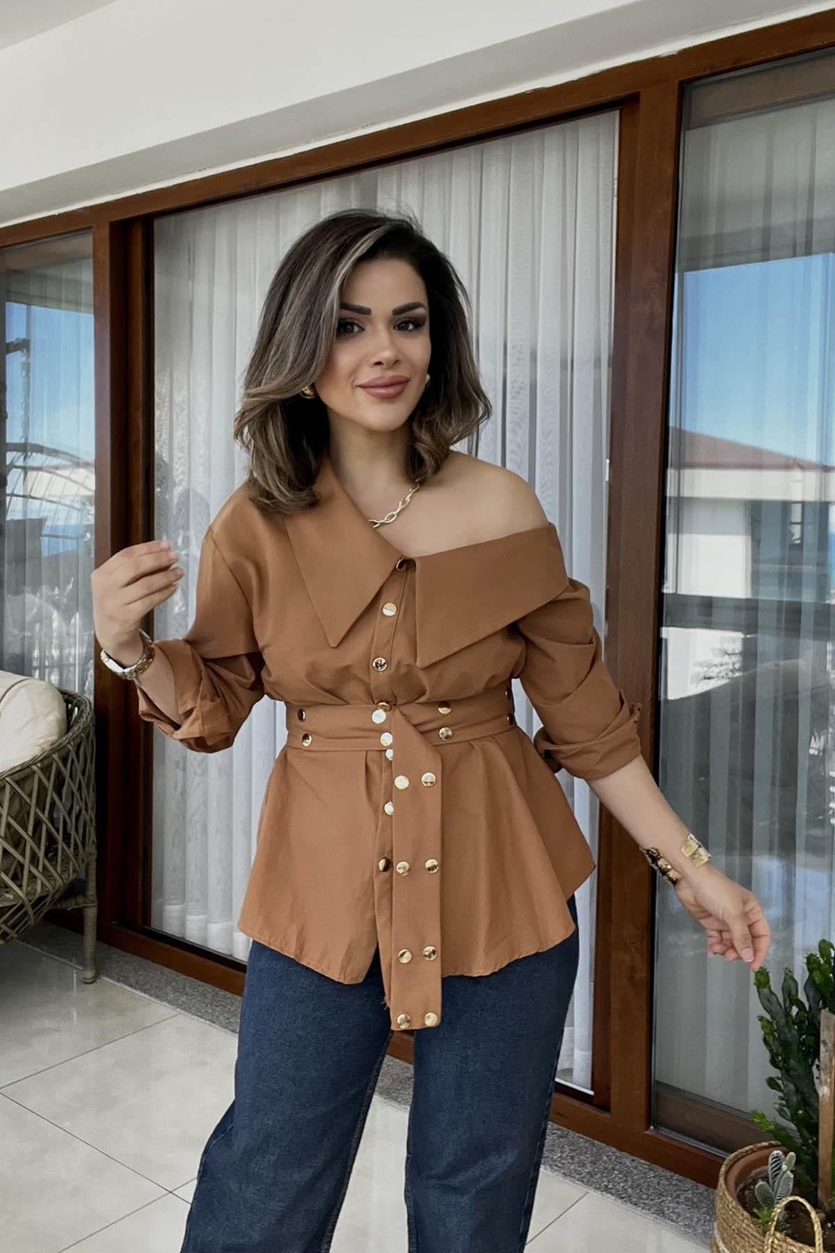 Eswomes Kemerli Düşük Omuz Oversize Gömlek Taba