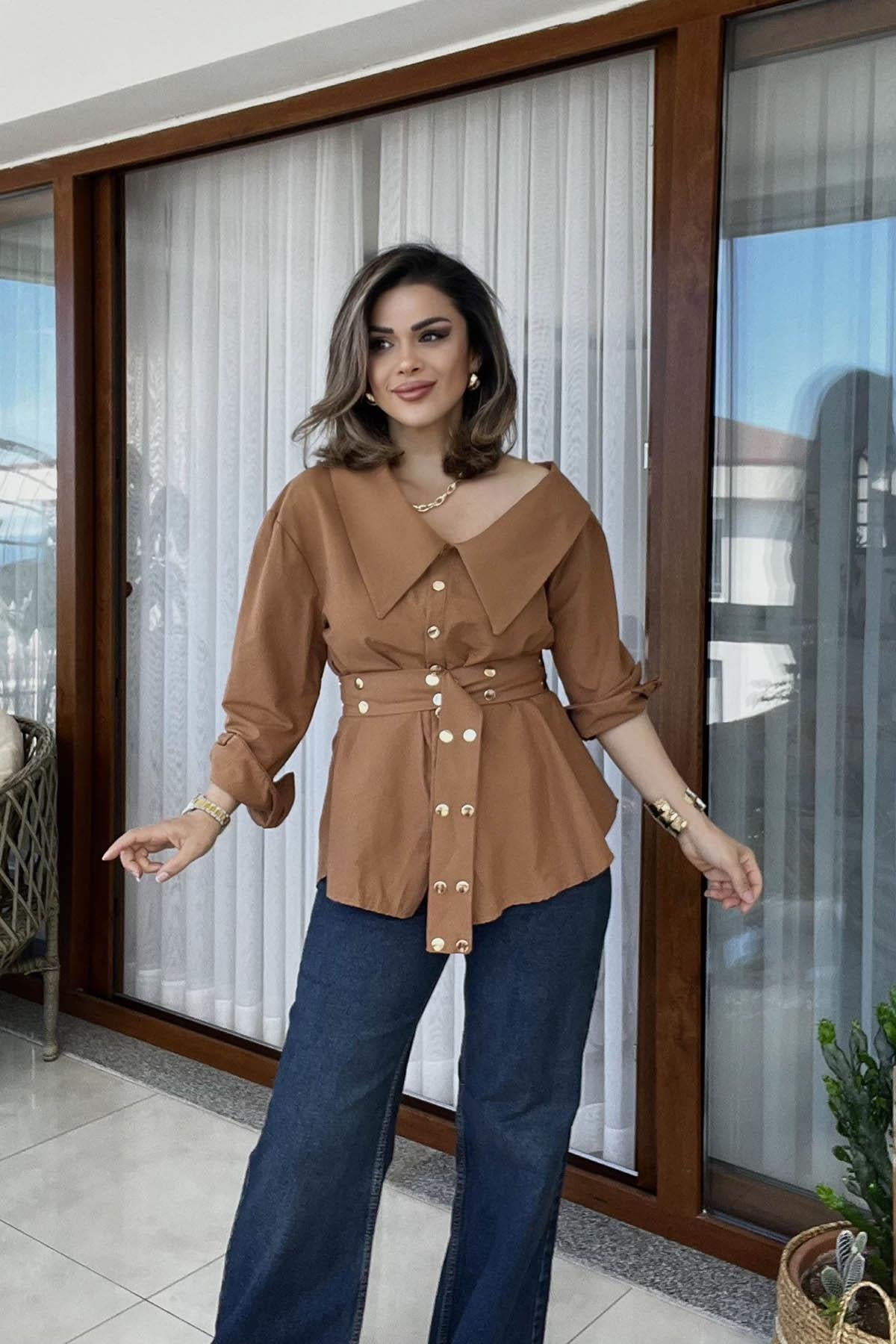 Eswomes Kemerli Düşük Omuz Oversize Gömlek Taba