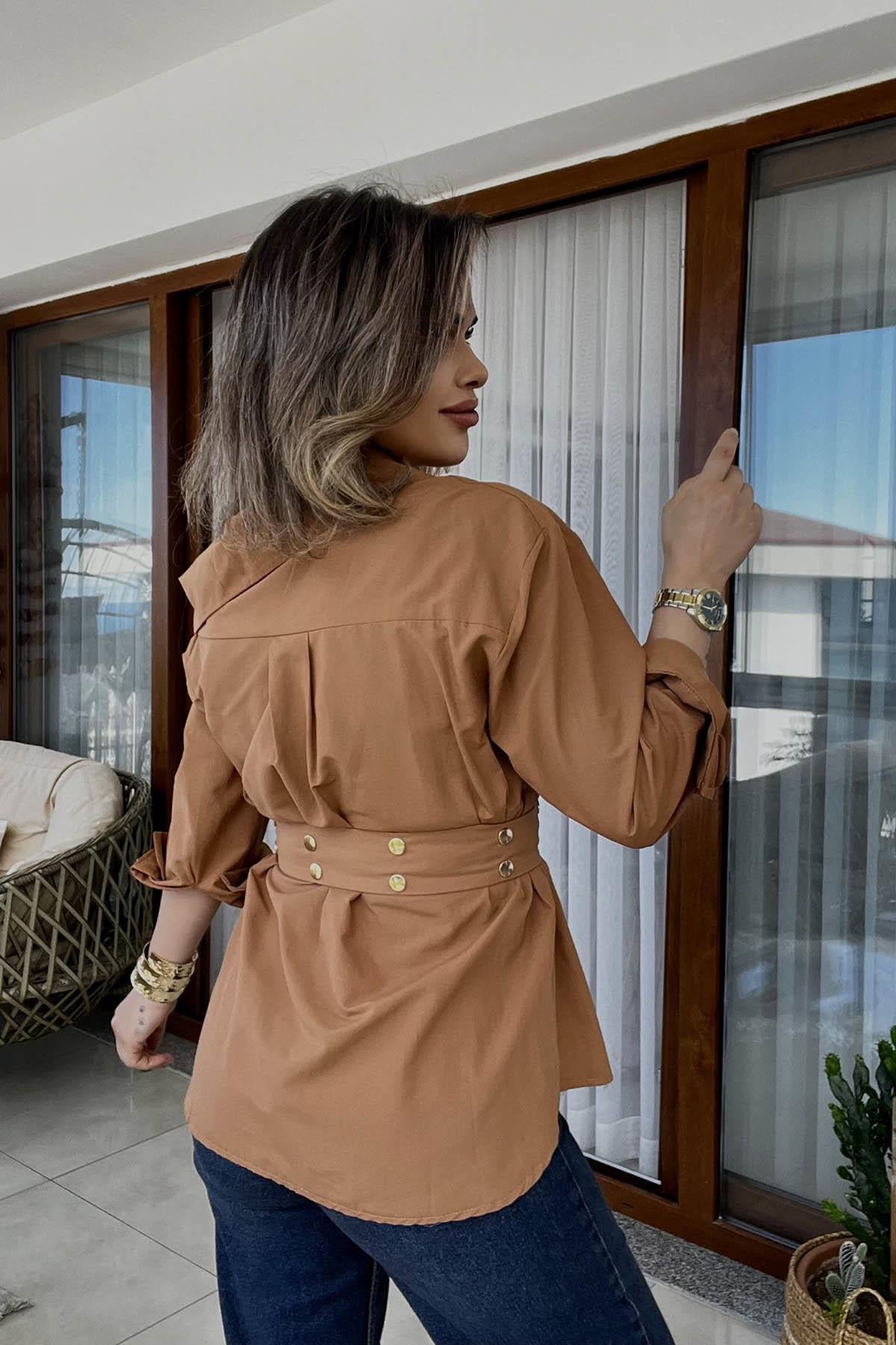 Eswomes Kemerli Düşük Omuz Oversize Gömlek Taba