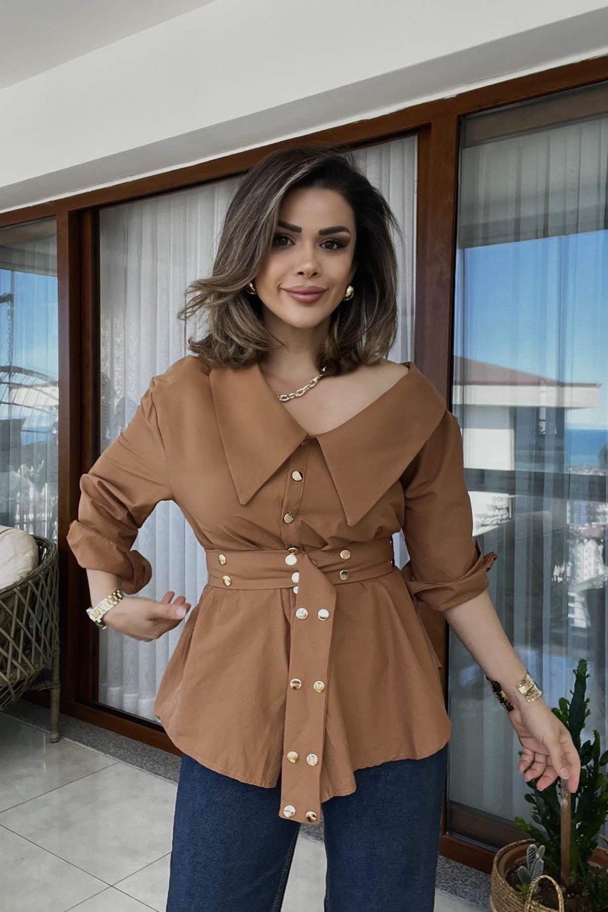 Eswomes Kemerli Düşük Omuz Oversize Gömlek Taba