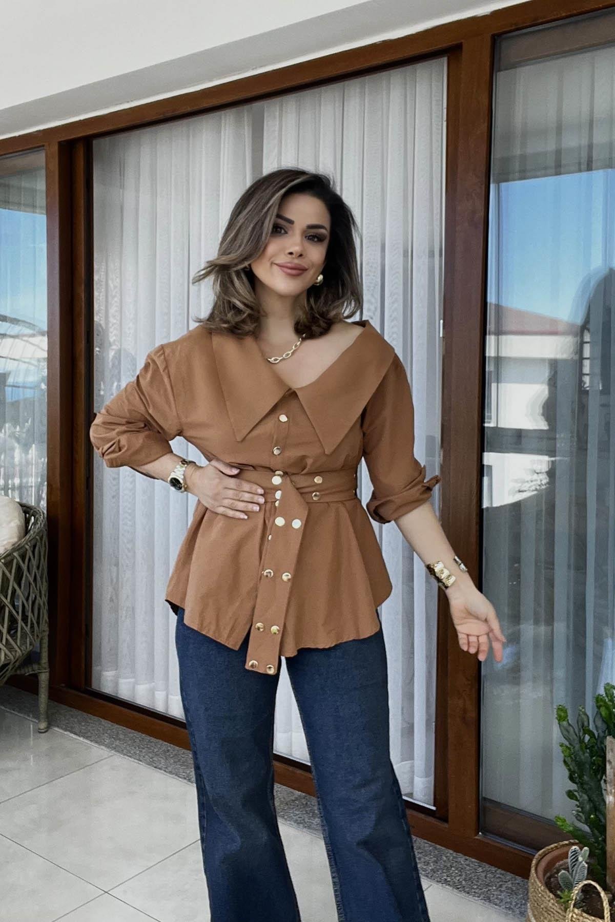 Eswomes Kemerli Düşük Omuz Oversize Gömlek Taba
