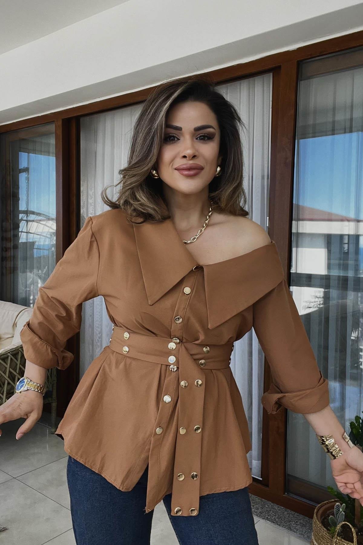 Eswomes Kemerli Düşük Omuz Oversize Gömlek Taba