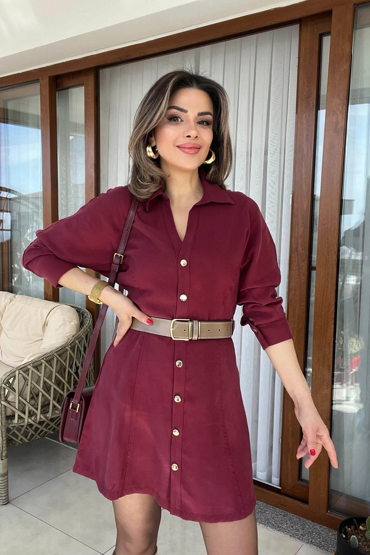 Eswomes Kemerli Tencel Mini Elbise Bordo