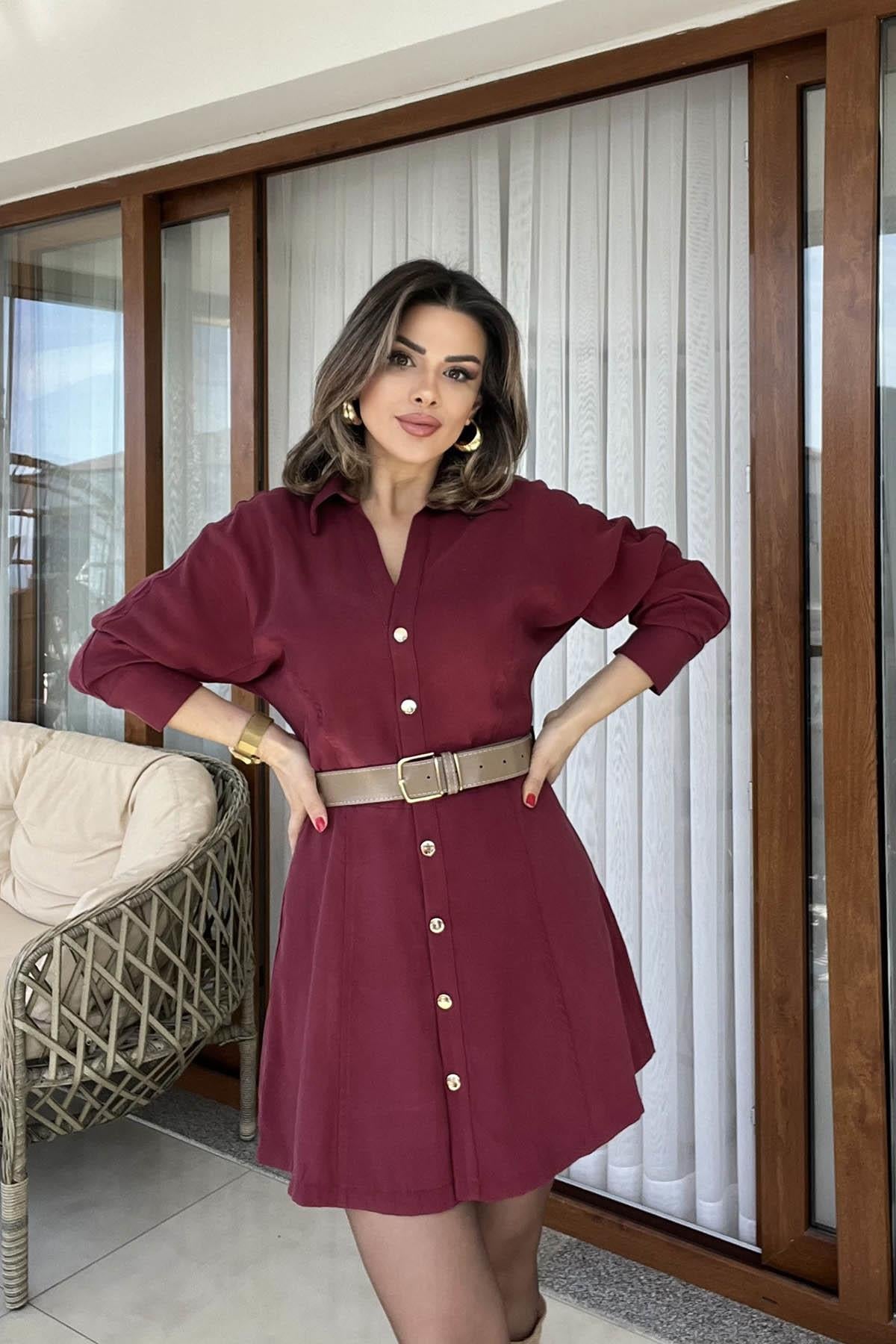 Eswomes Kemerli Tencel Mini Elbise Bordo