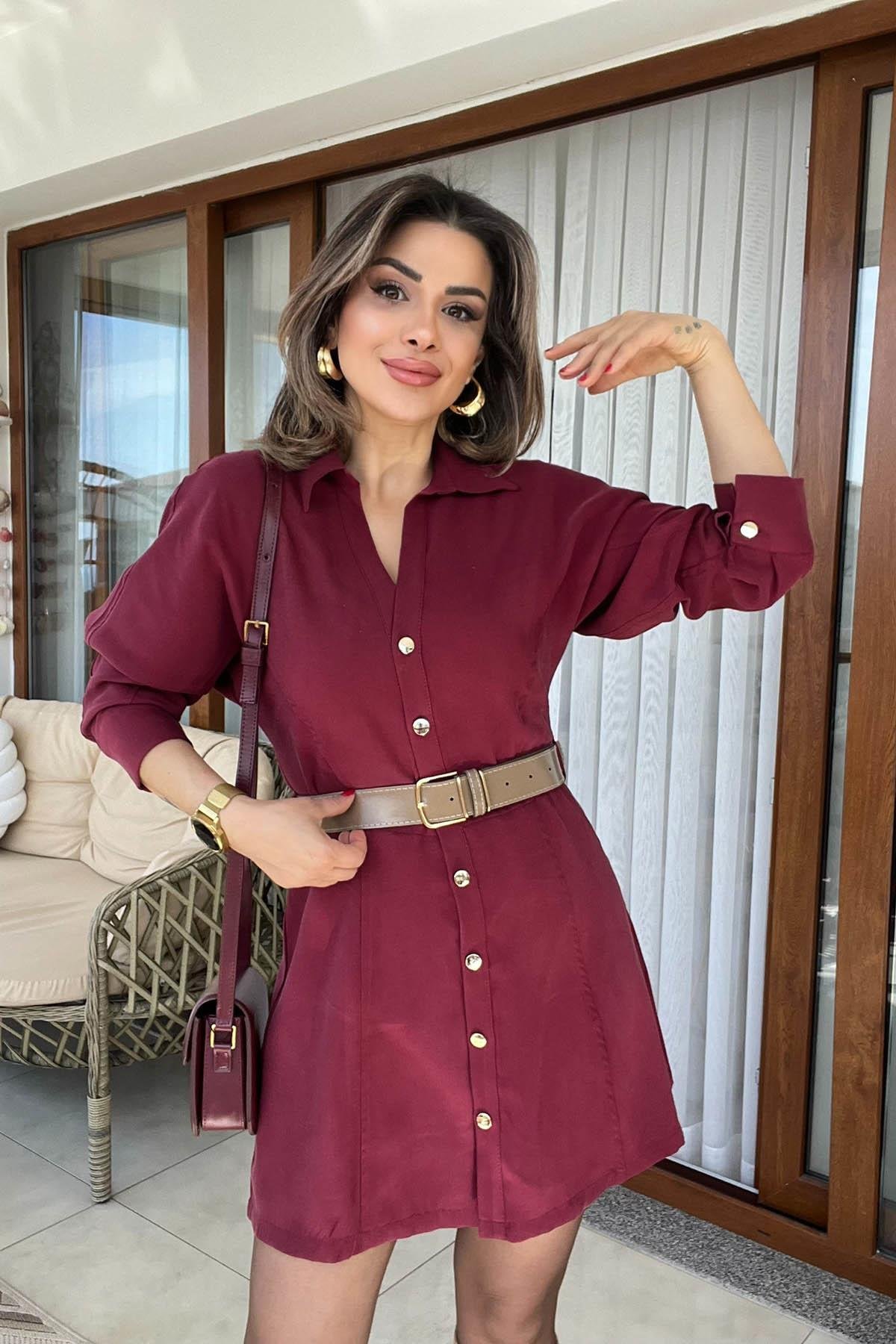Eswomes Kemerli Tencel Mini Elbise Bordo