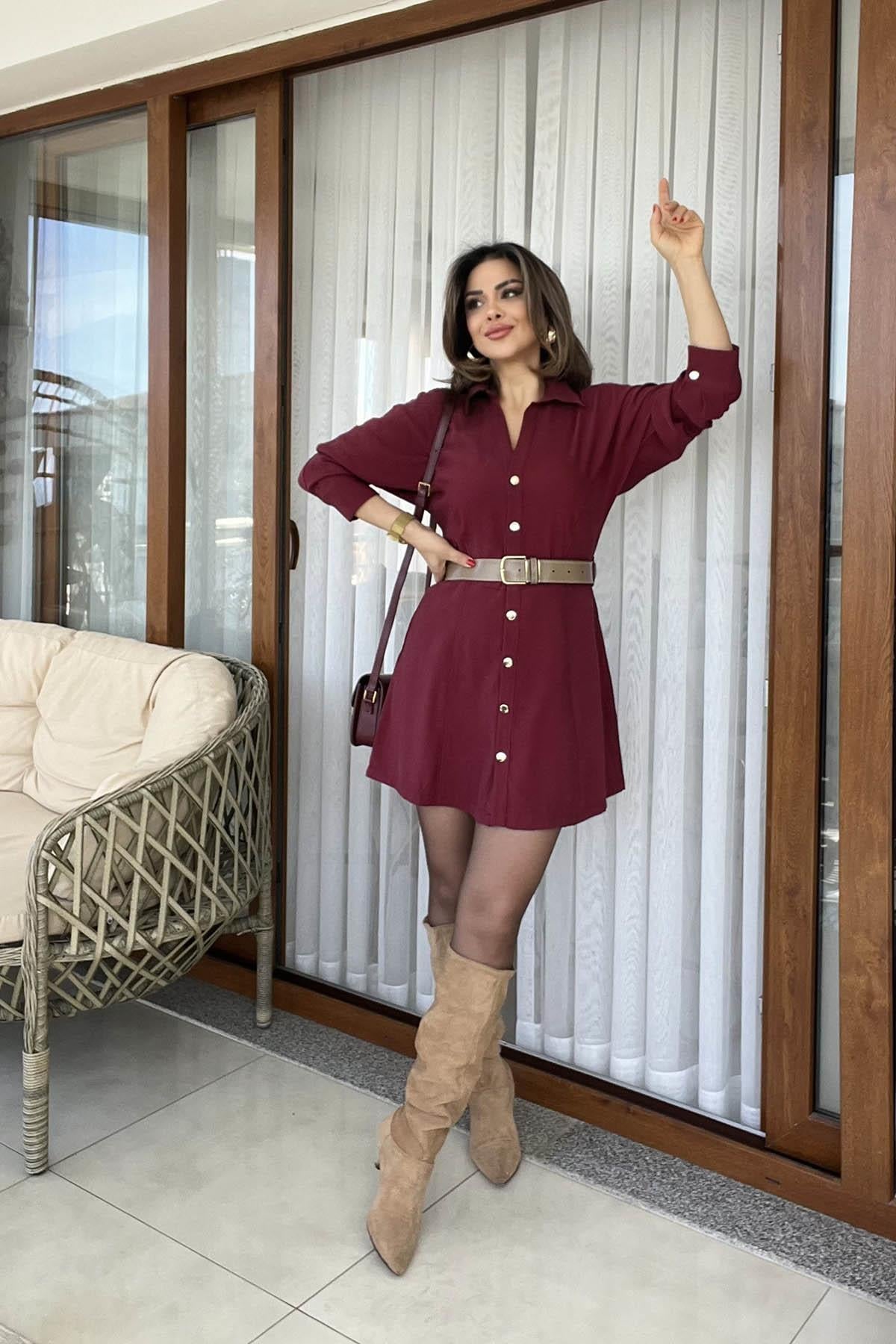 Eswomes Kemerli Tencel Mini Elbise Bordo
