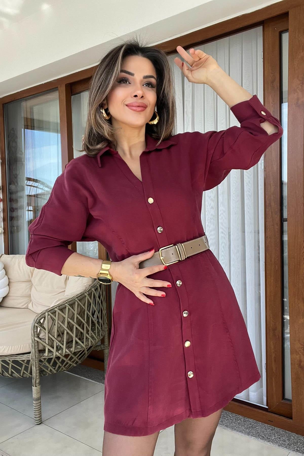 Eswomes Kemerli Tencel Mini Elbise Bordo