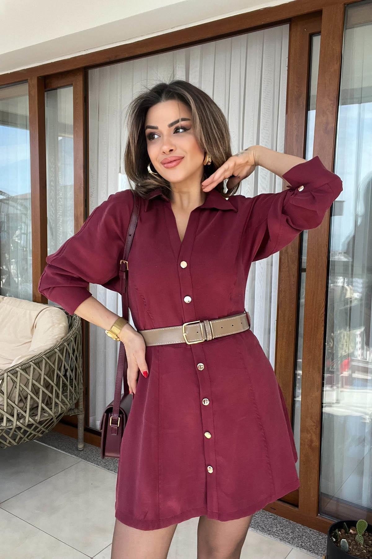 Eswomes Kemerli Tencel Mini Elbise Bordo