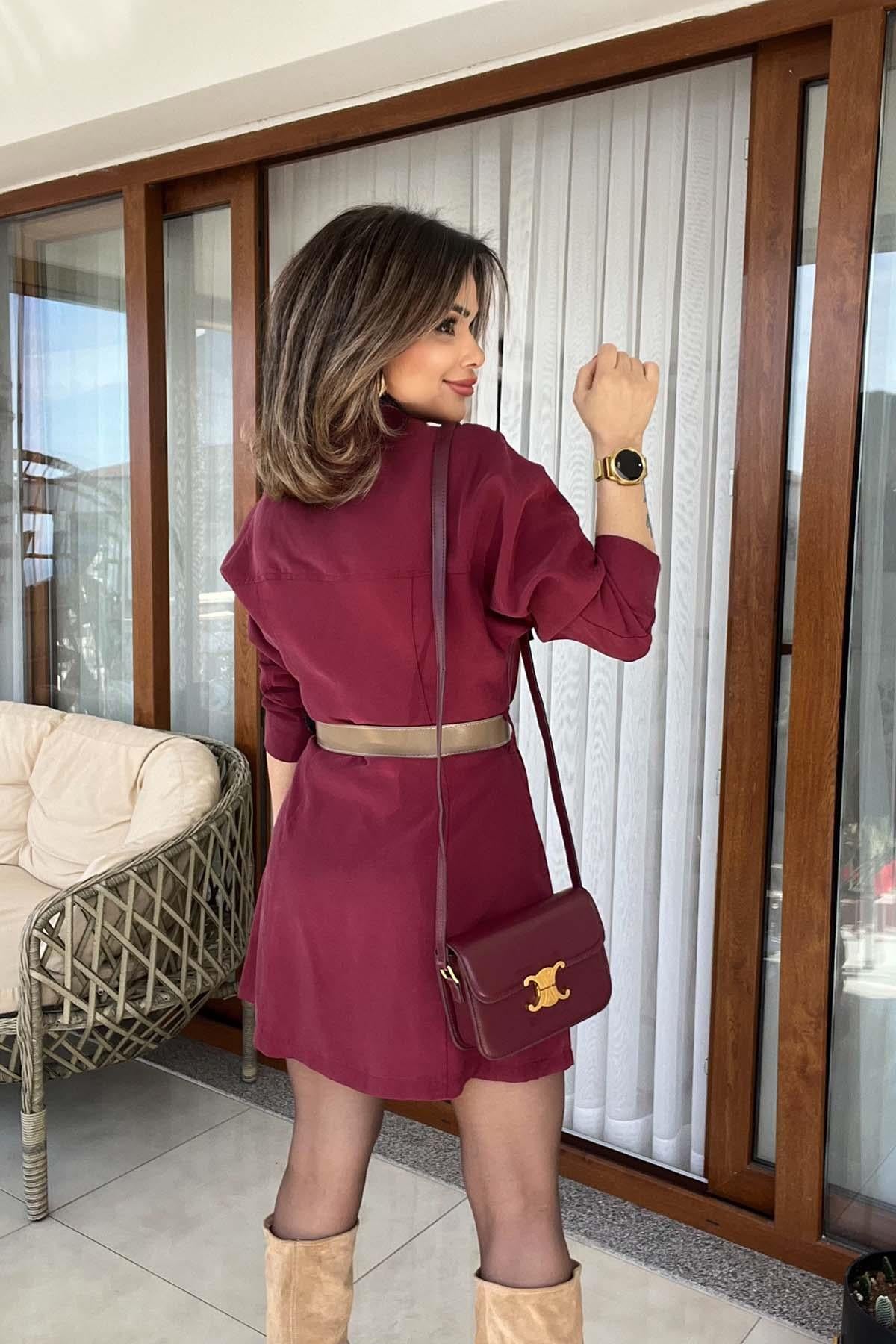 Eswomes Kemerli Tencel Mini Elbise Bordo