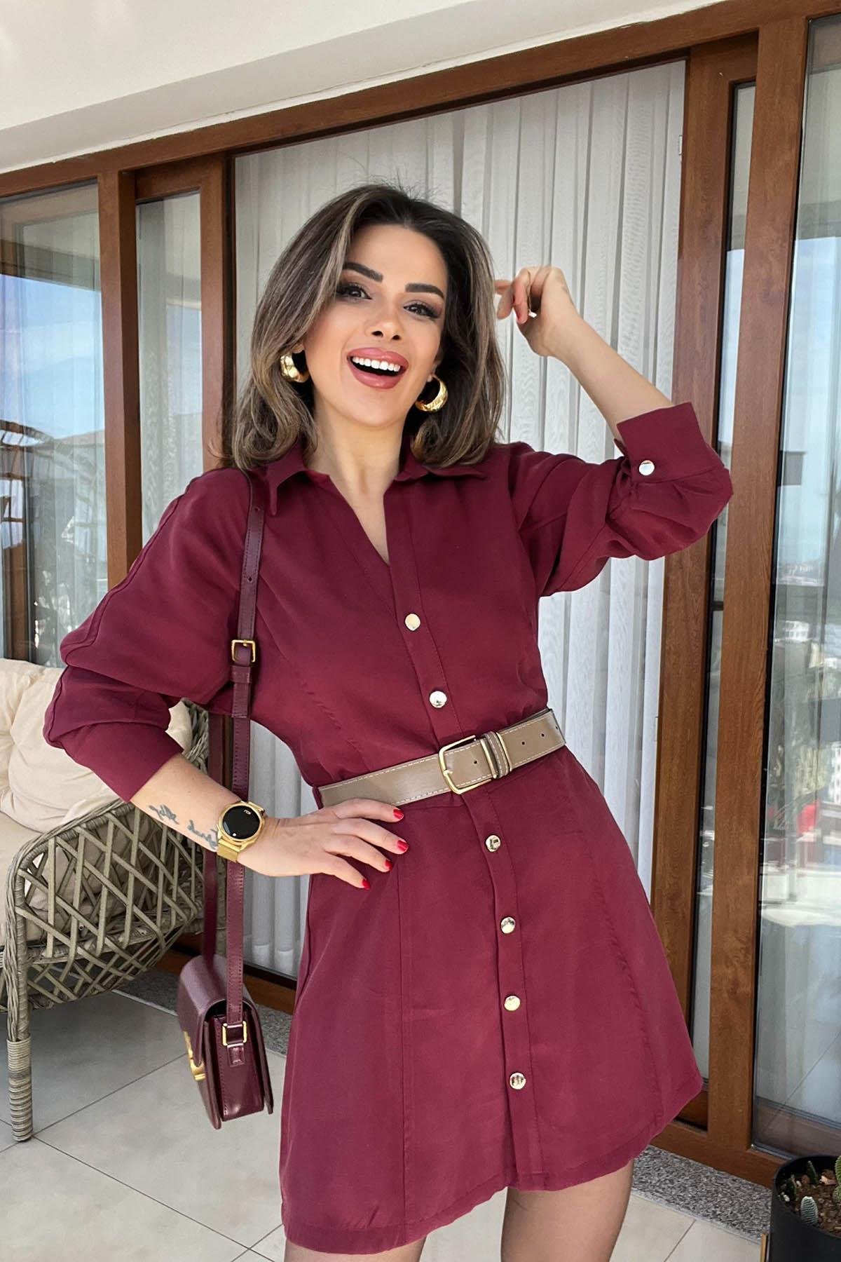 Eswomes Kemerli Tencel Mini Elbise Bordo