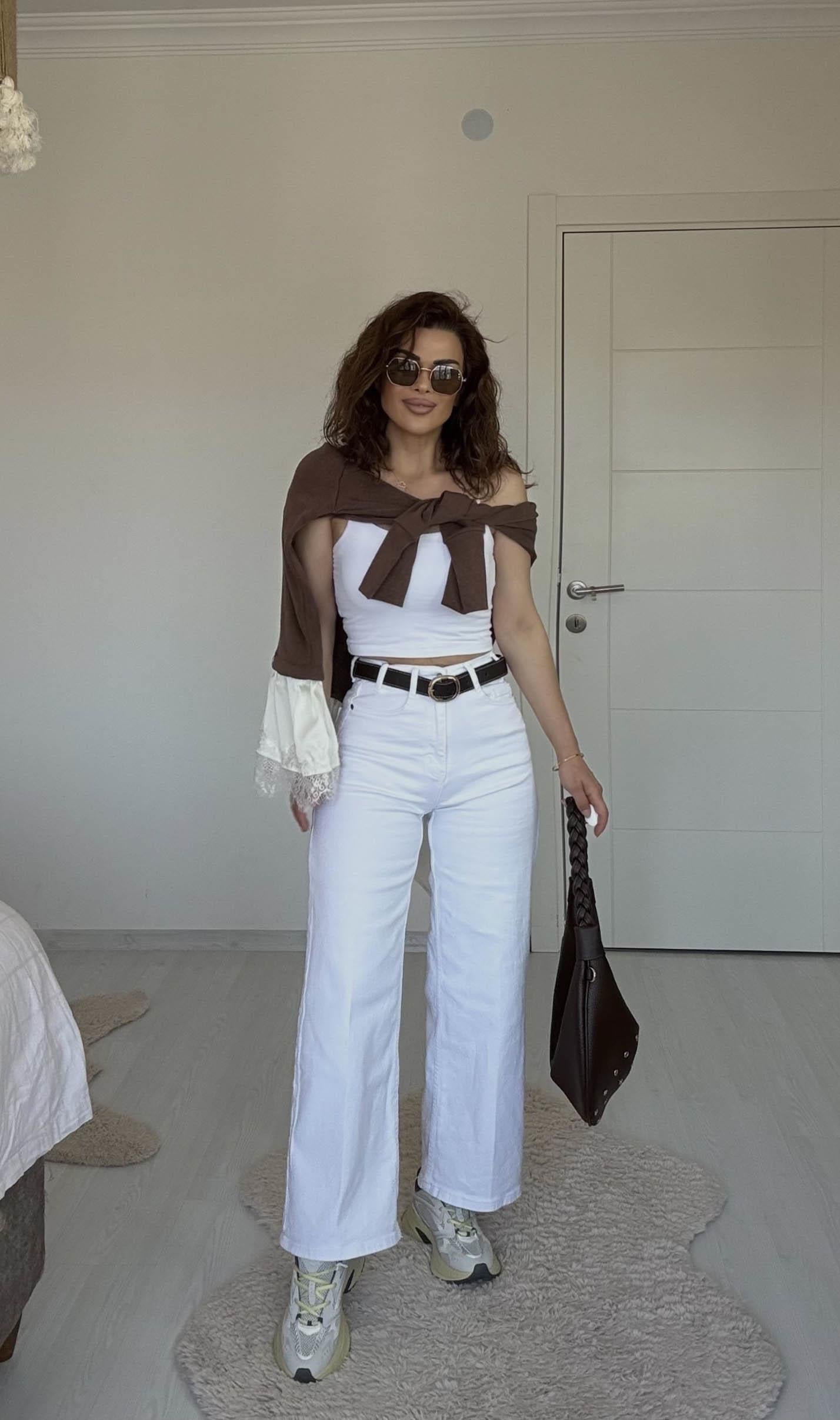 Eswomes Kemerli Wideleg Jean Beyaz