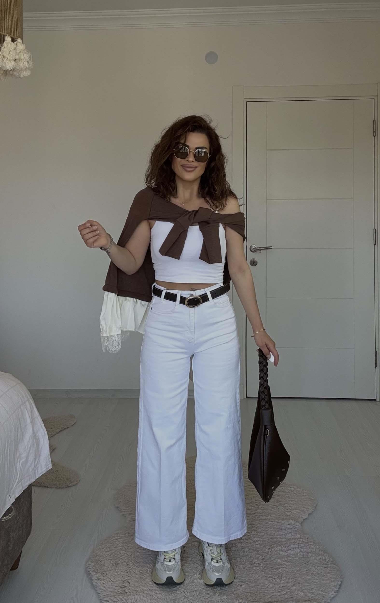Eswomes Kemerli Wideleg Jean Beyaz