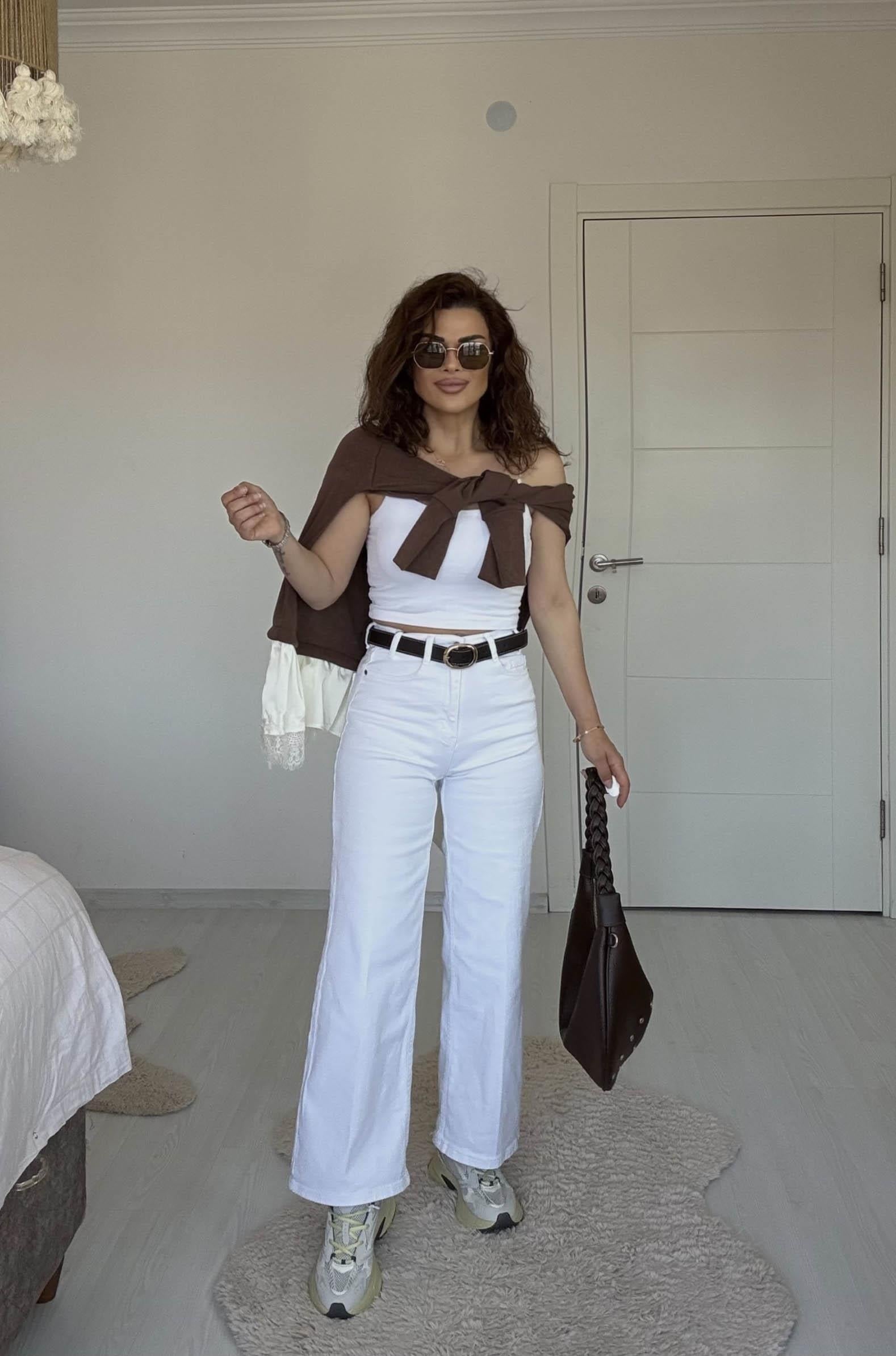Eswomes Kemerli Wideleg Jean Beyaz