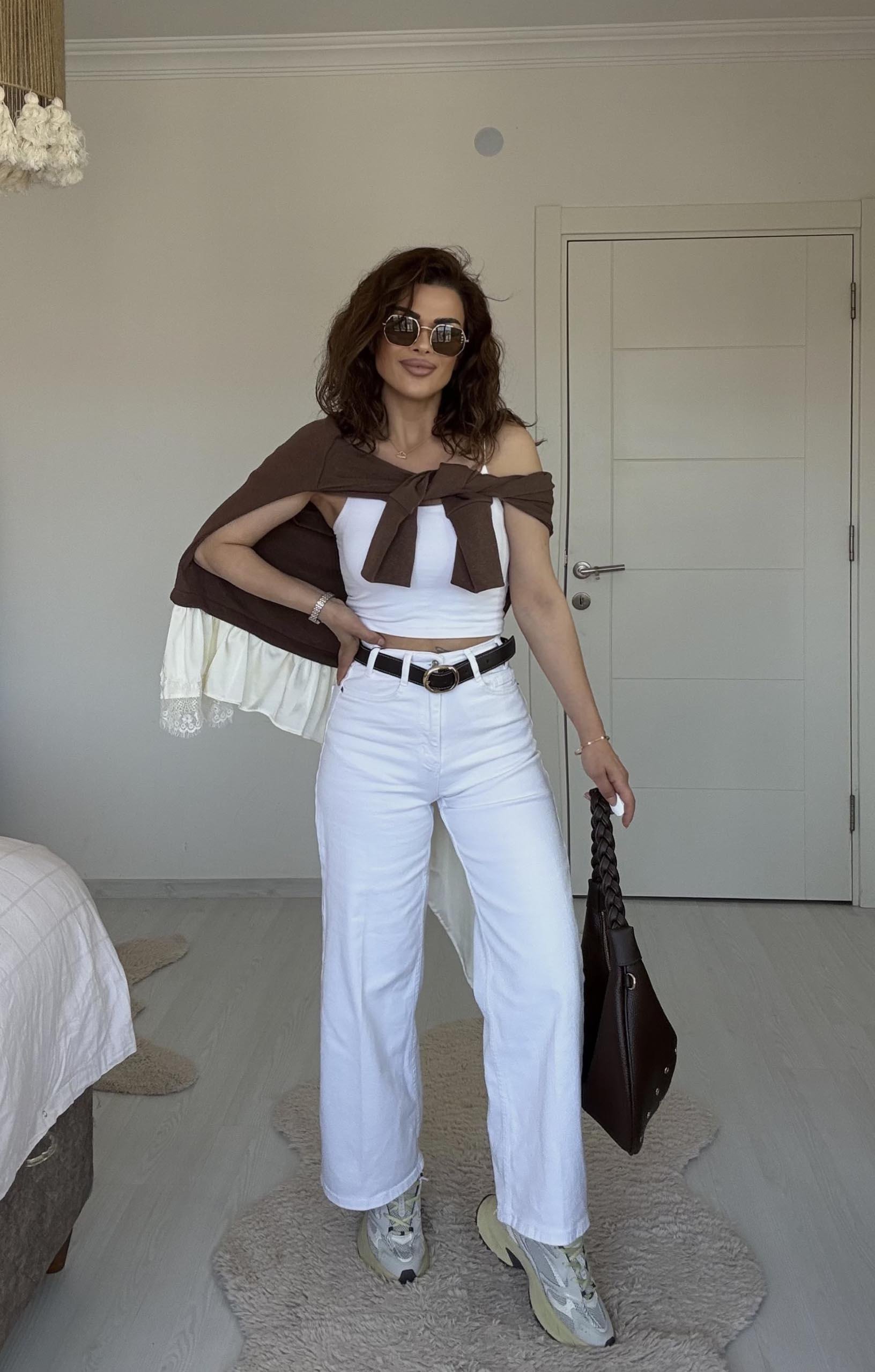 Eswomes Kemerli Wideleg Jean Beyaz